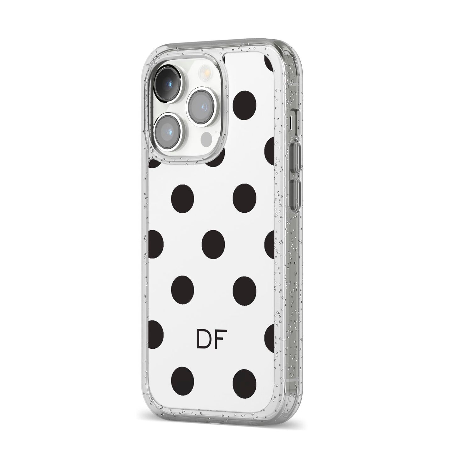 Personalised Initial Black Dots iPhone 14 Pro Glitter Tough Case Silver Angled Image