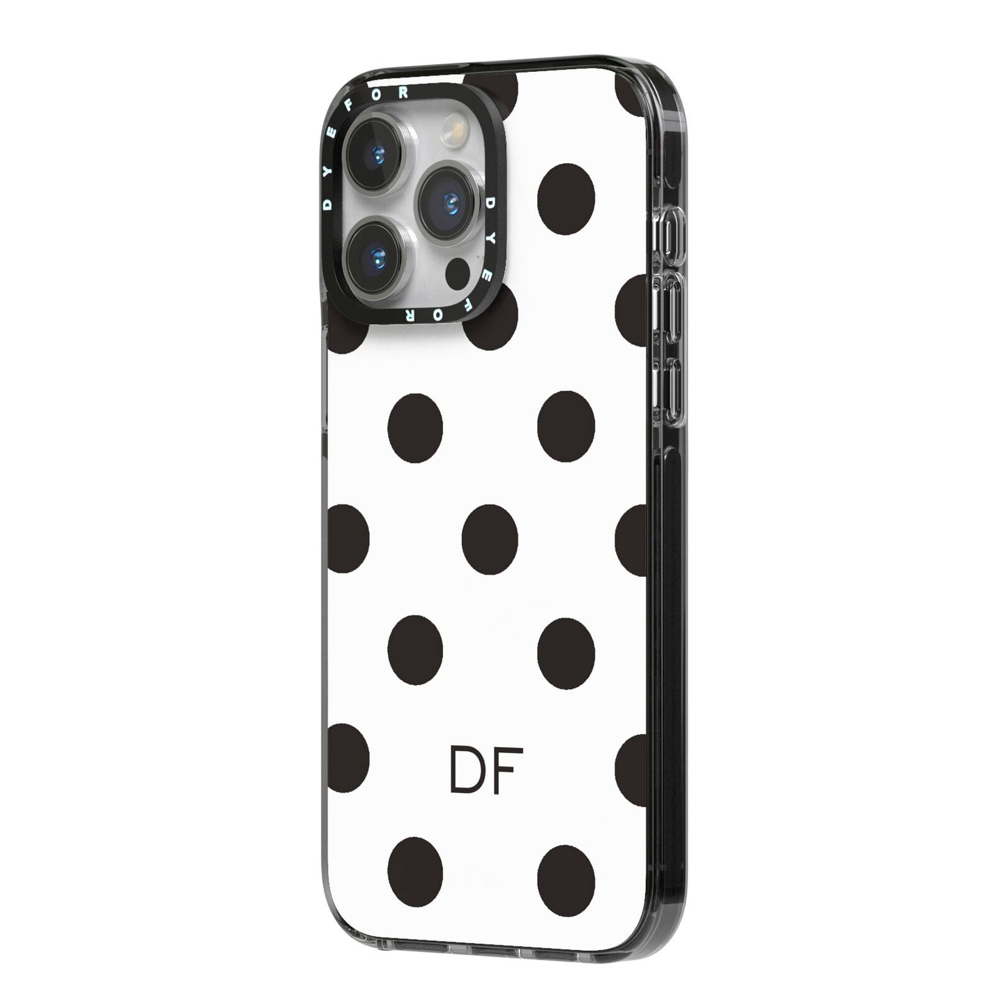 Personalised Initial Black Dots iPhone 14 Pro Max Black Impact Case Side Angle on Silver phone