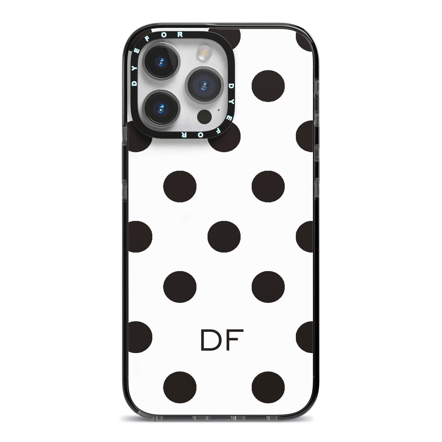 Personalised Initial Black Dots iPhone 14 Pro Max Black Impact Case on Silver phone