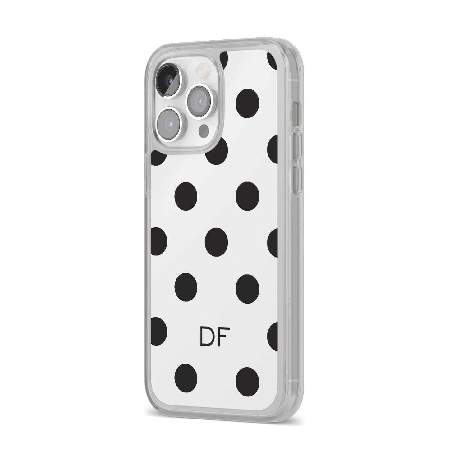 Personalised Initial Black Dots iPhone 14 Pro Max Clear Tough Case Silver Angled Image