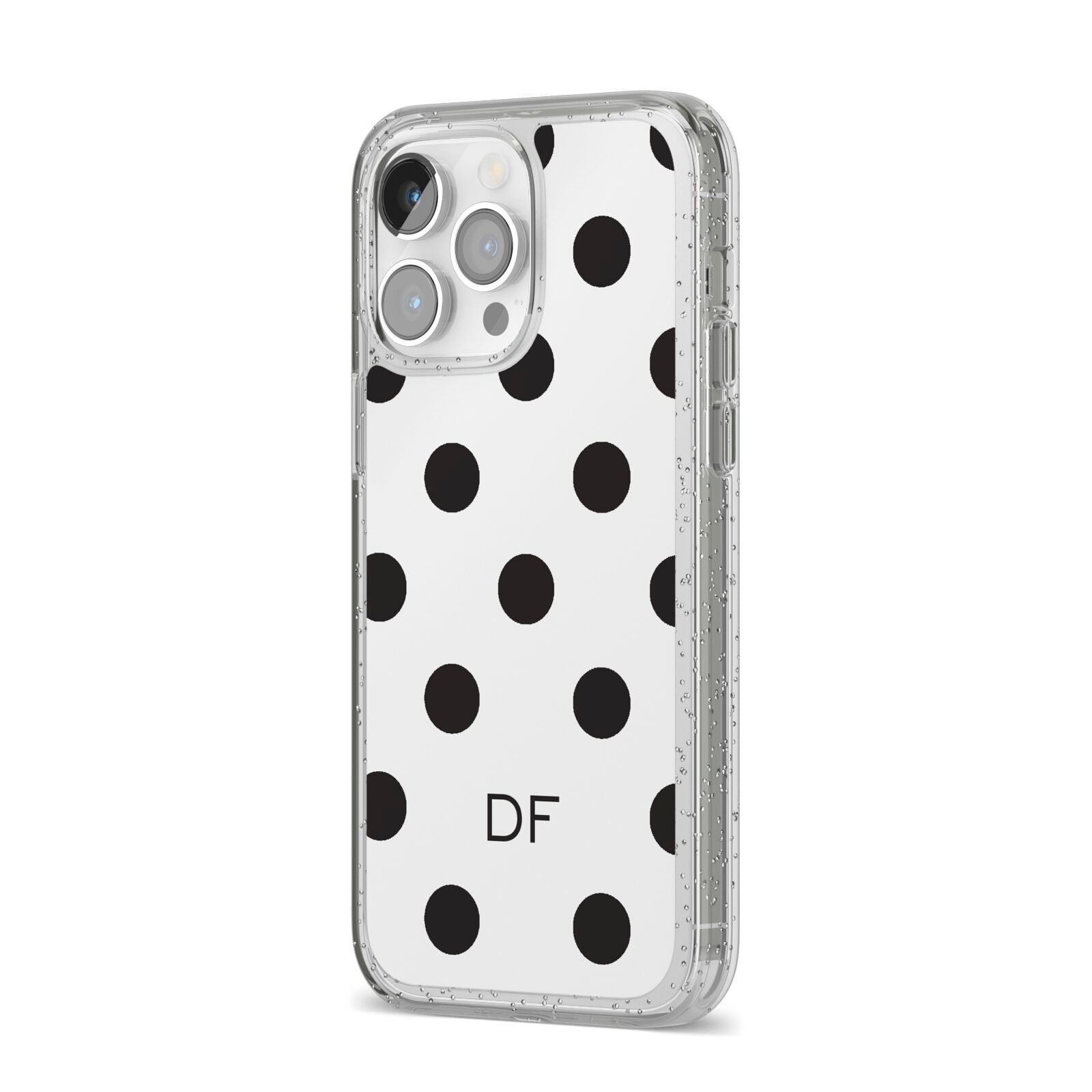 Personalised Initial Black Dots iPhone 14 Pro Max Glitter Tough Case Silver Angled Image