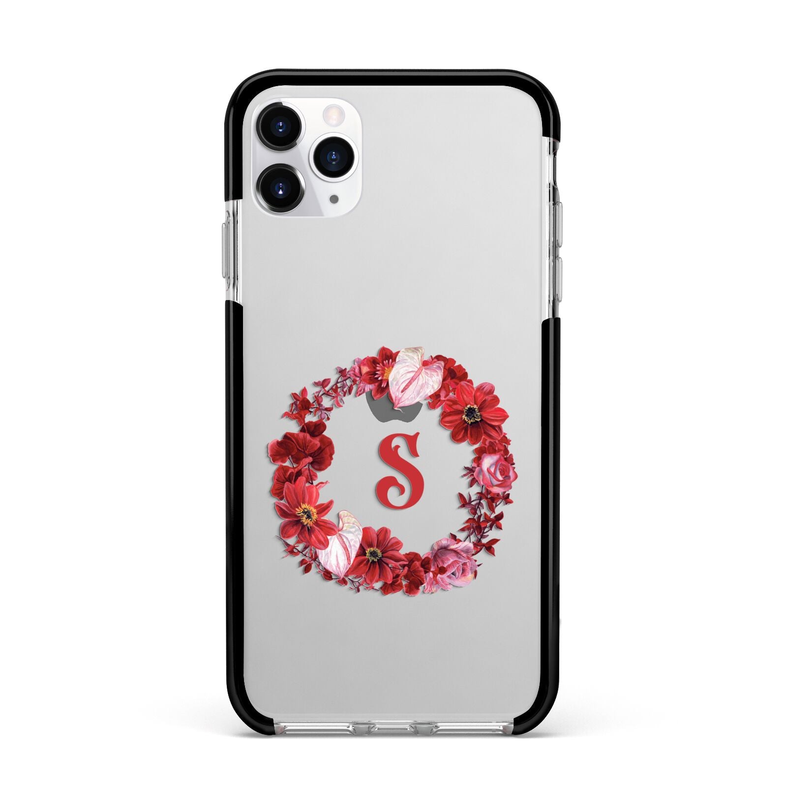 Personalised Initial Floral Wreath Apple iPhone 11 Pro Max in Silver with Black Impact Case