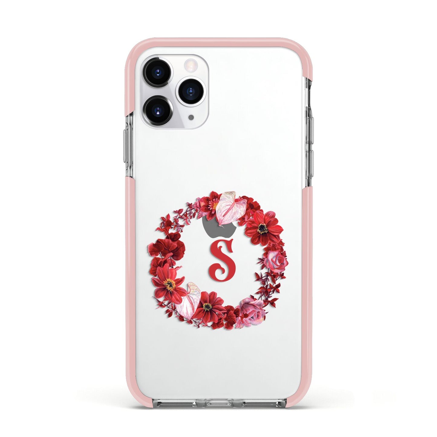 Personalised Initial Floral Wreath Apple iPhone 11 Pro in Silver with Pink Impact Case