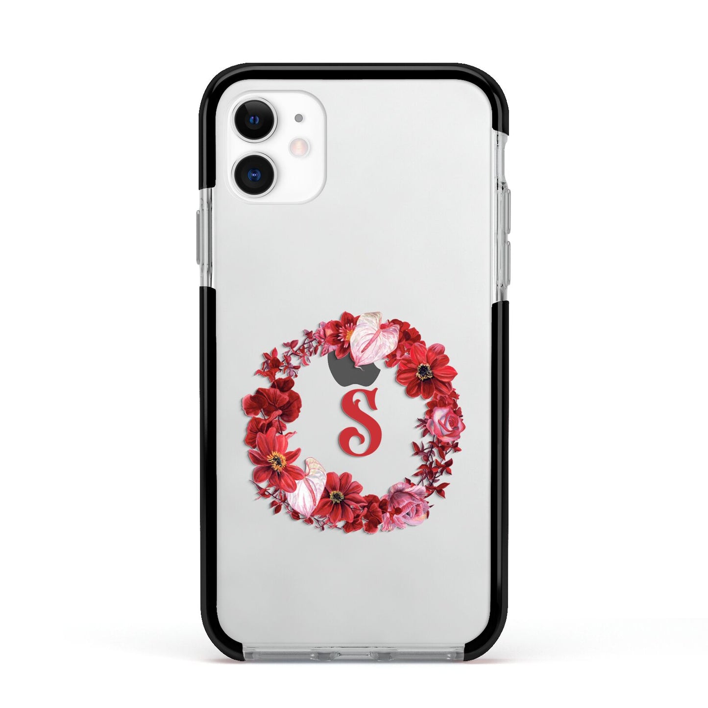 Personalised Initial Floral Wreath Apple iPhone 11 in White with Black Impact Case