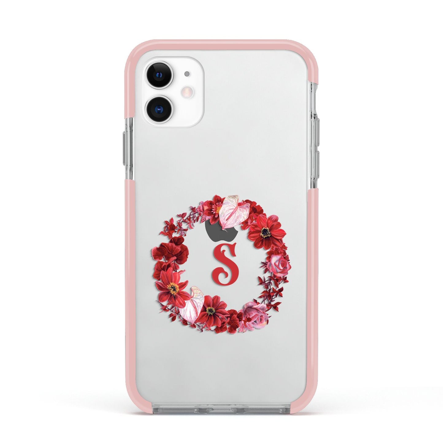 Personalised Initial Floral Wreath Apple iPhone 11 in White with Pink Impact Case