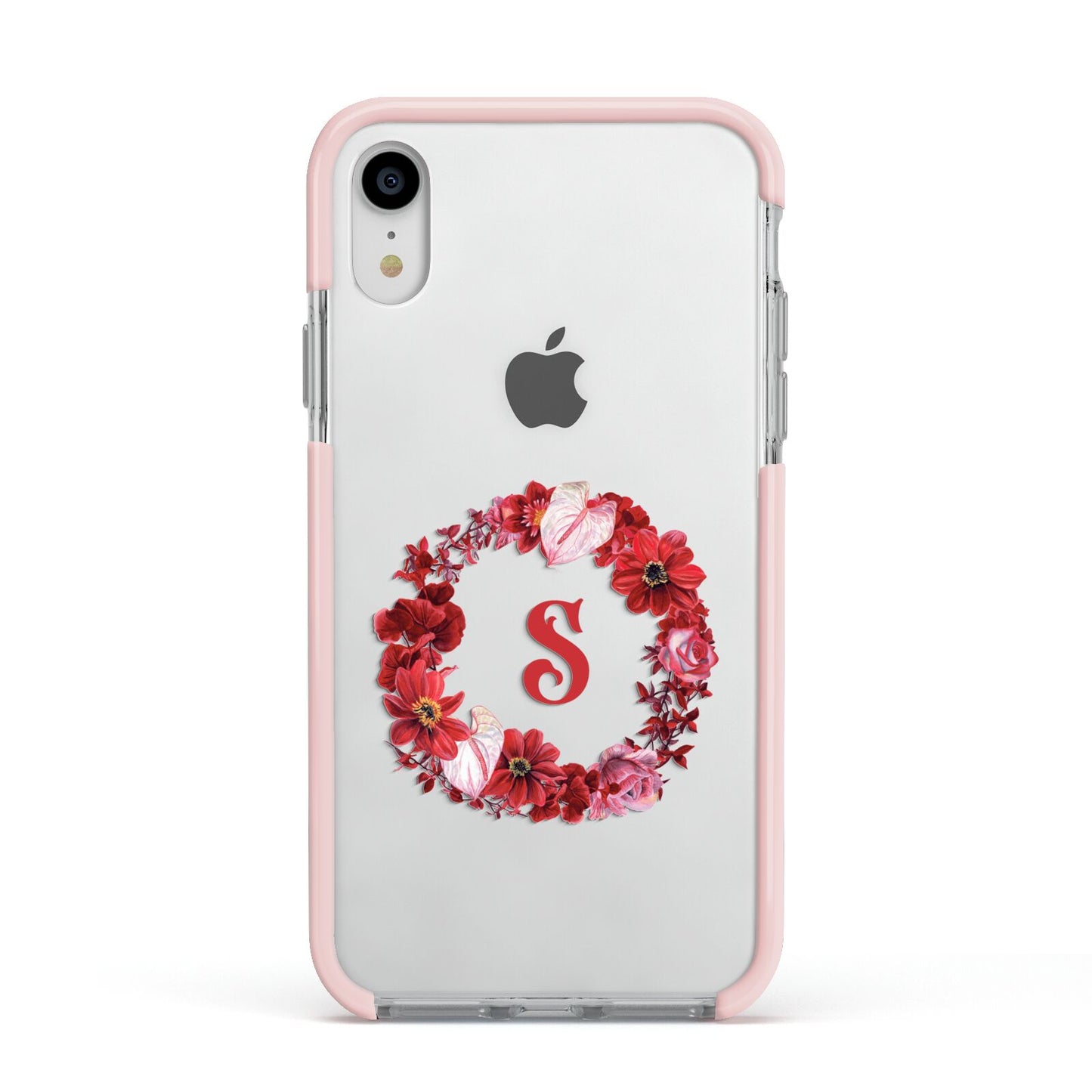 Personalised Initial Floral Wreath Apple iPhone XR Impact Case Pink Edge on Silver Phone