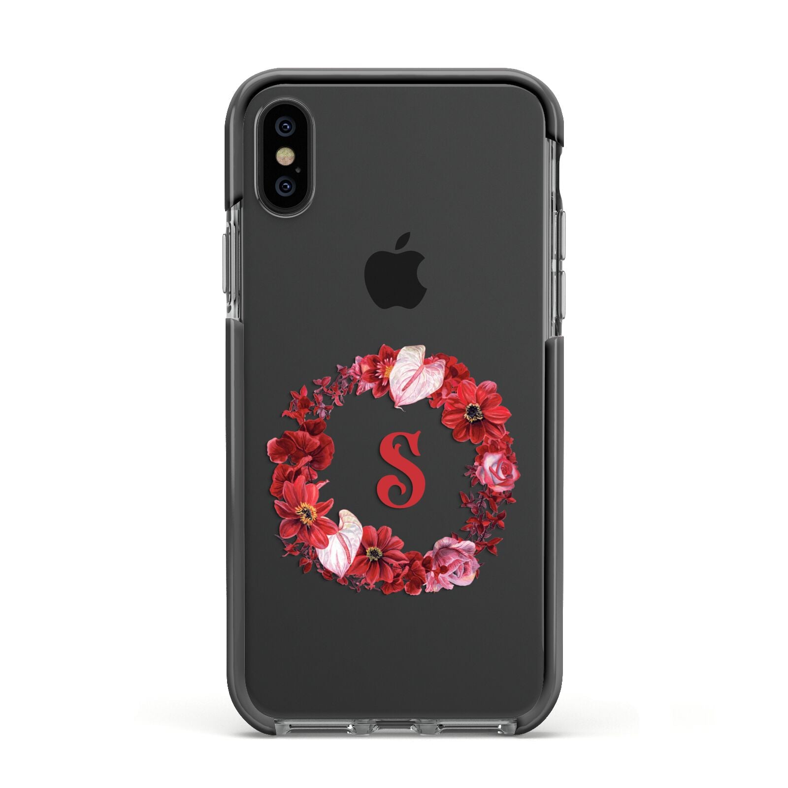 Personalised Initial Floral Wreath Apple iPhone Xs Impact Case Black Edge on Black Phone