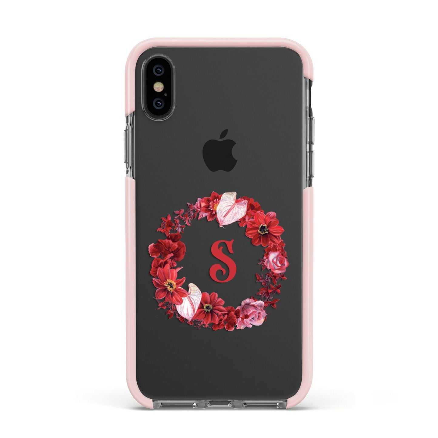 Personalised Initial Floral Wreath Apple iPhone Xs Impact Case Pink Edge on Black Phone