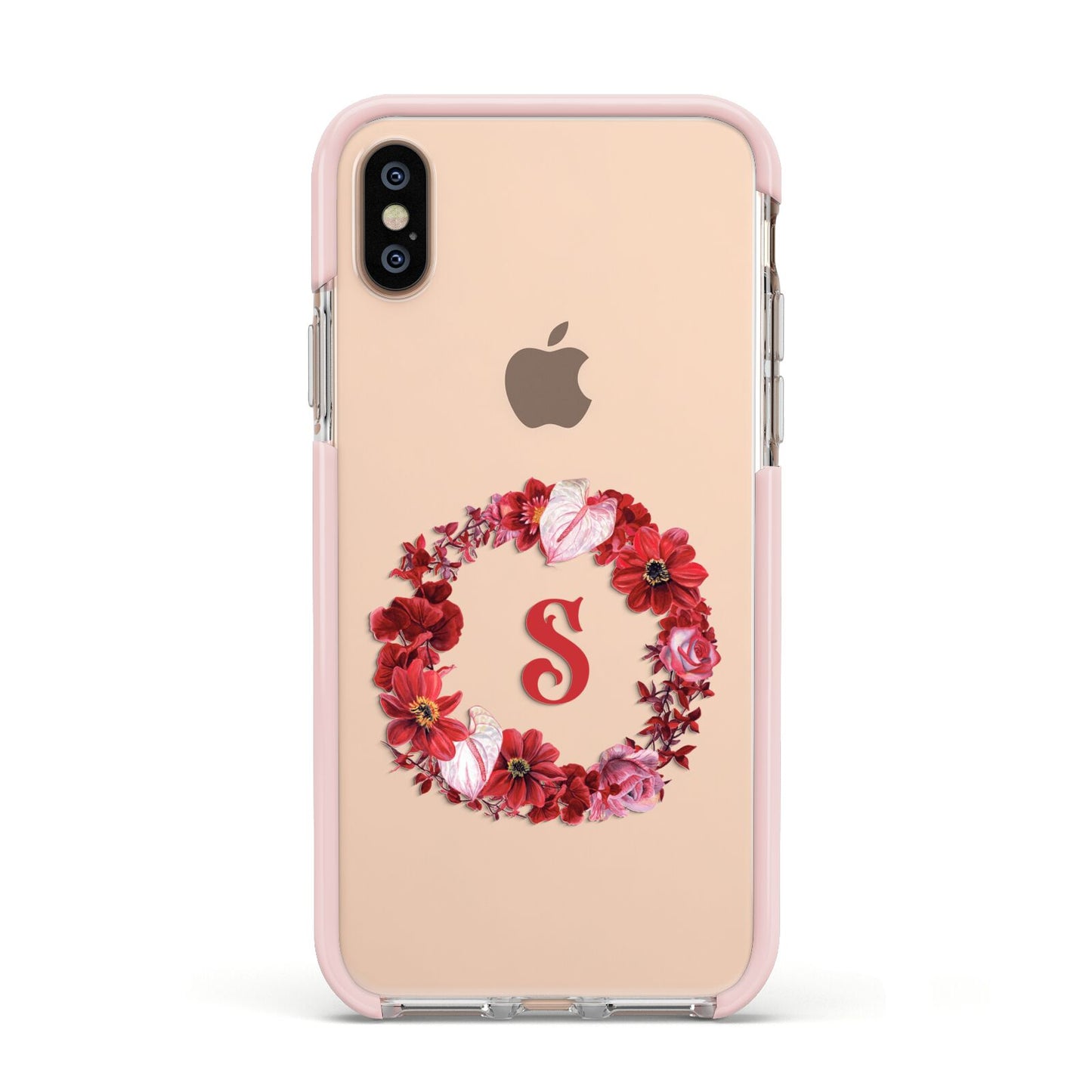 Personalised Initial Floral Wreath Apple iPhone Xs Impact Case Pink Edge on Gold Phone