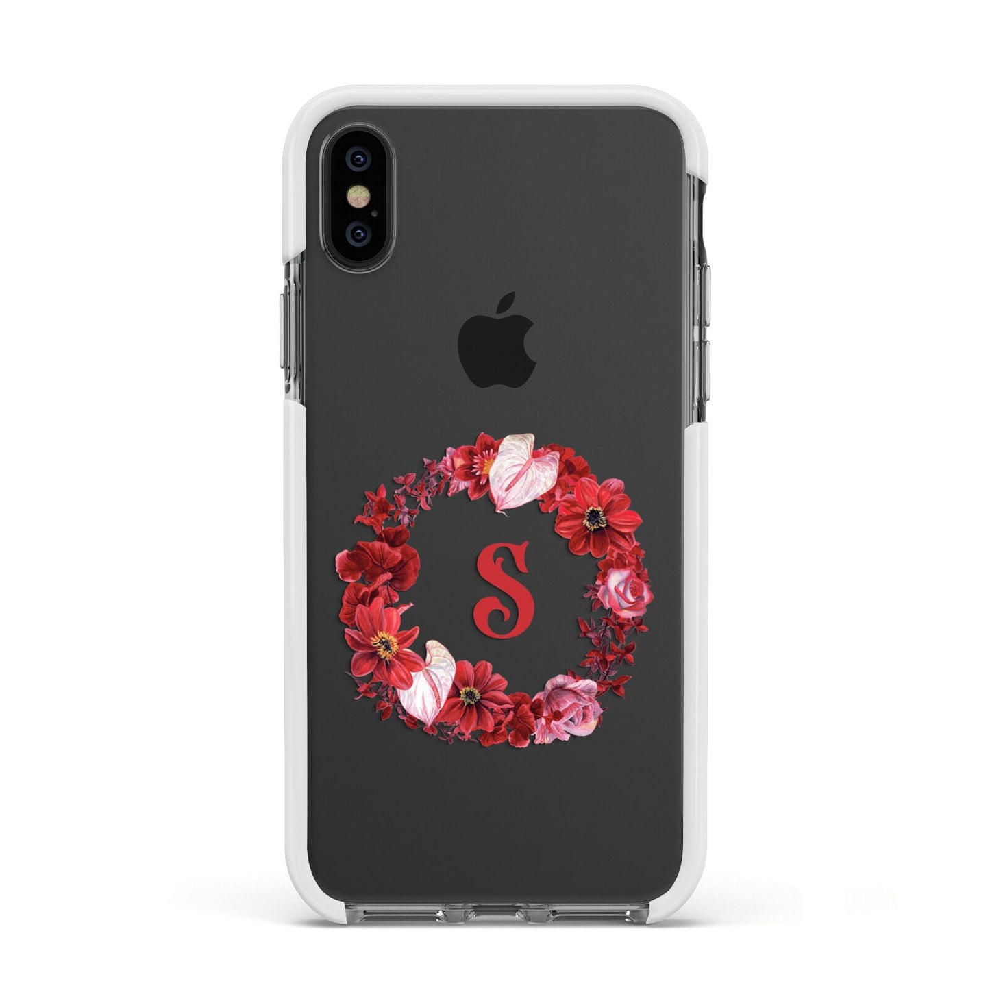 Personalised Initial Floral Wreath Apple iPhone Xs Impact Case White Edge on Black Phone