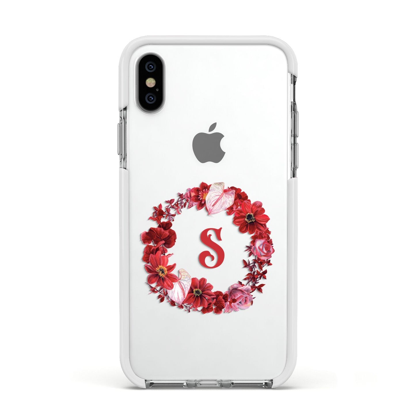 Personalised Initial Floral Wreath Apple iPhone Xs Impact Case White Edge on Silver Phone