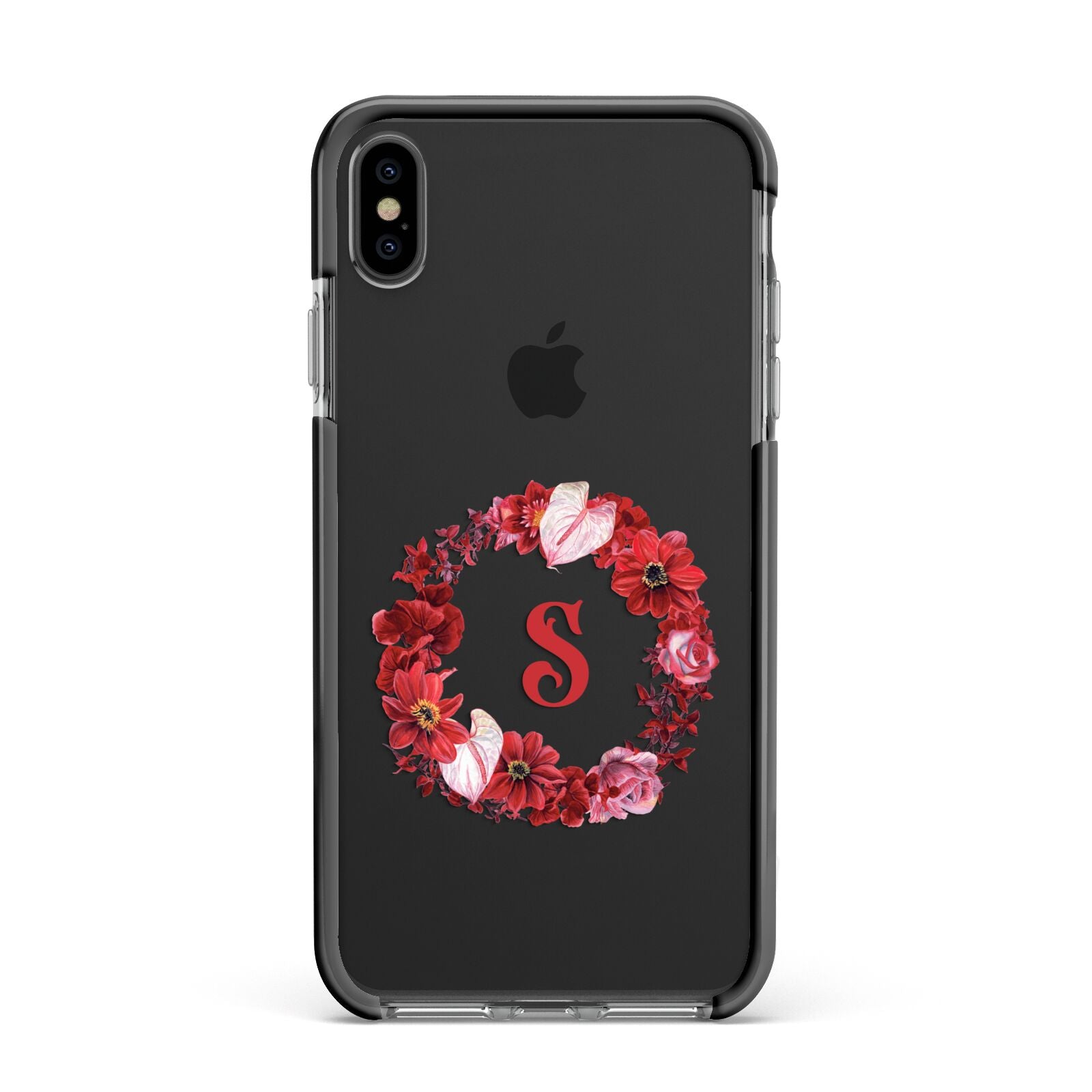 Personalised Initial Floral Wreath Apple iPhone Xs Max Impact Case Black Edge on Black Phone