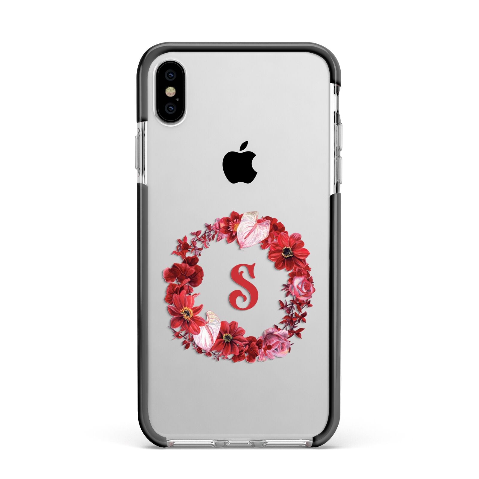 Personalised Initial Floral Wreath Apple iPhone Xs Max Impact Case Black Edge on Silver Phone