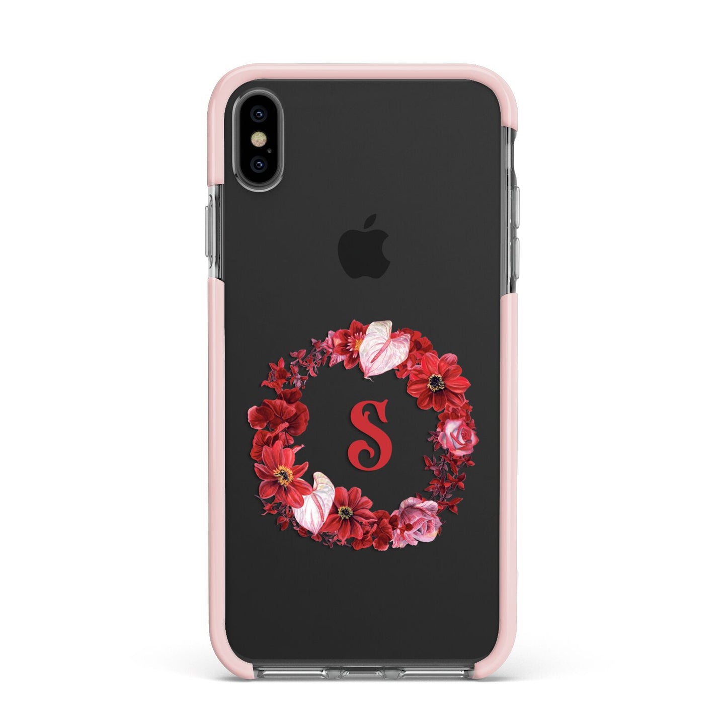 Personalised Initial Floral Wreath Apple iPhone Xs Max Impact Case Pink Edge on Black Phone