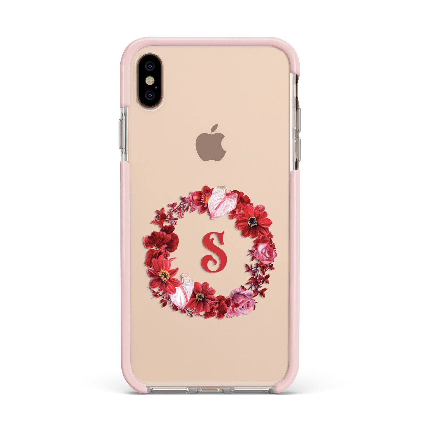 Personalised Initial Floral Wreath Apple iPhone Xs Max Impact Case Pink Edge on Gold Phone