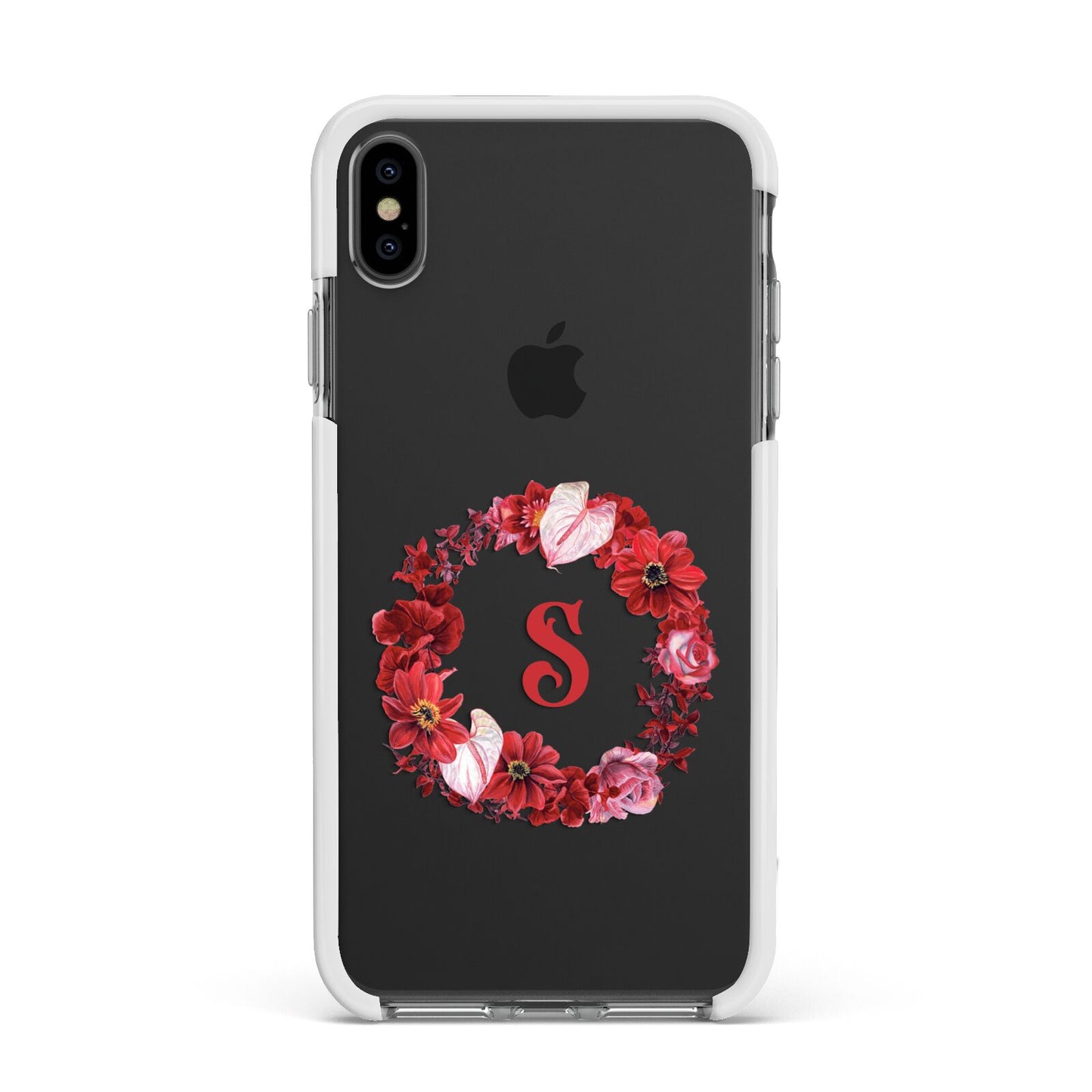 Personalised Initial Floral Wreath Apple iPhone Xs Max Impact Case White Edge on Black Phone