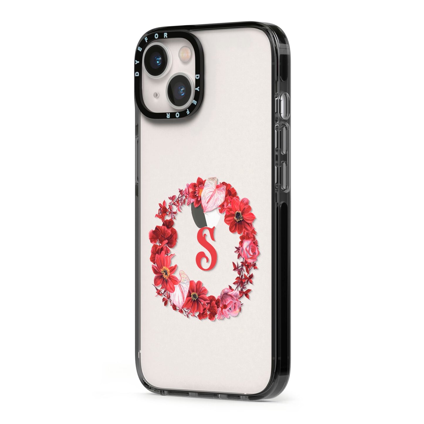 Personalised Initial Floral Wreath iPhone 13 Black Impact Case Side Angle on Silver phone