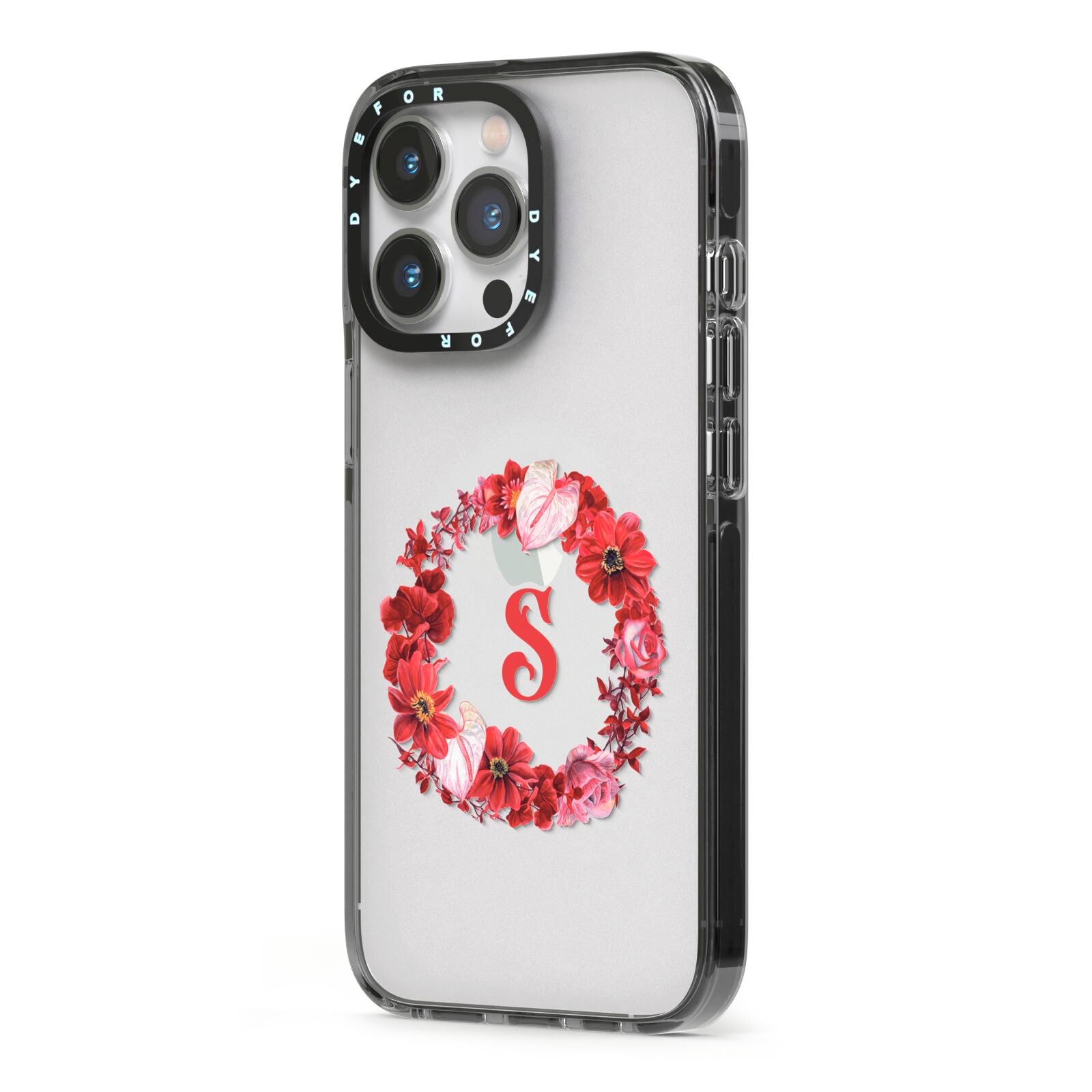 Personalised Initial Floral Wreath iPhone 13 Pro Black Impact Case Side Angle on Silver phone