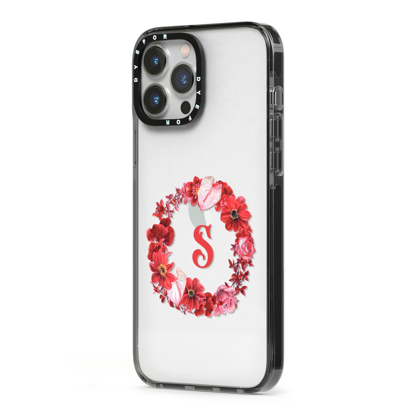 Personalised Initial Floral Wreath iPhone 13 Pro Max Black Impact Case Side Angle on Silver phone