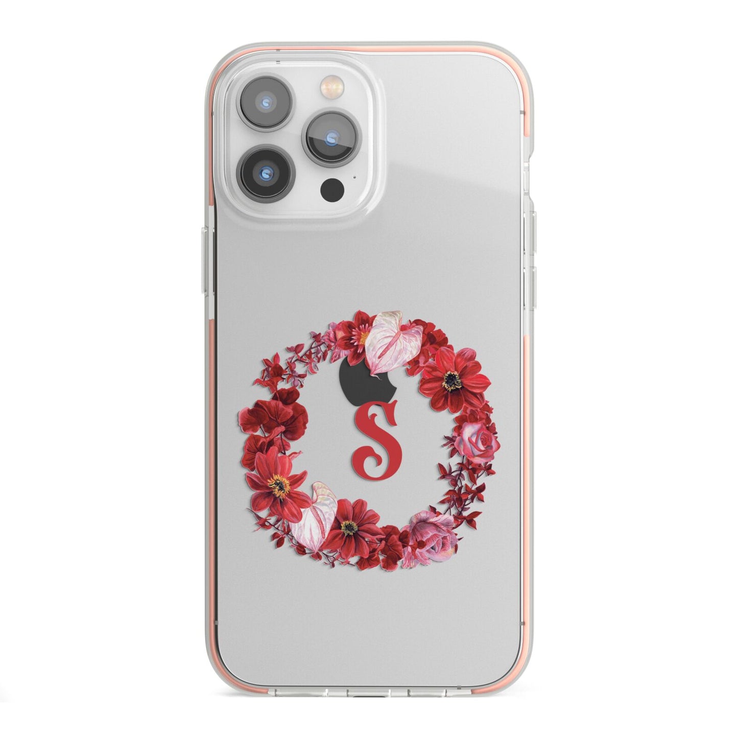 Personalised Initial Floral Wreath iPhone 13 Pro Max TPU Impact Case with Pink Edges