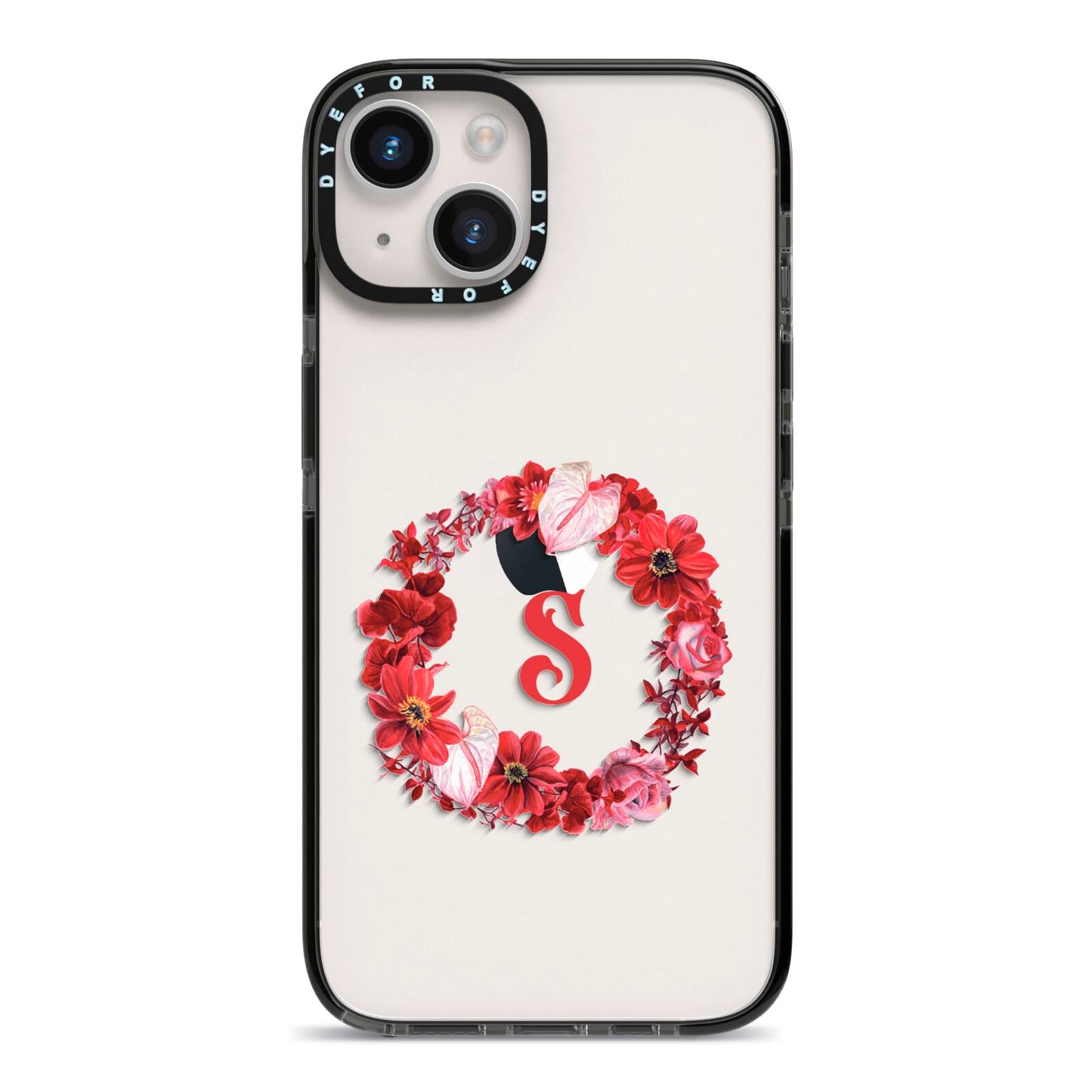 Personalised Initial Floral Wreath iPhone 14 Black Impact Case on Silver phone