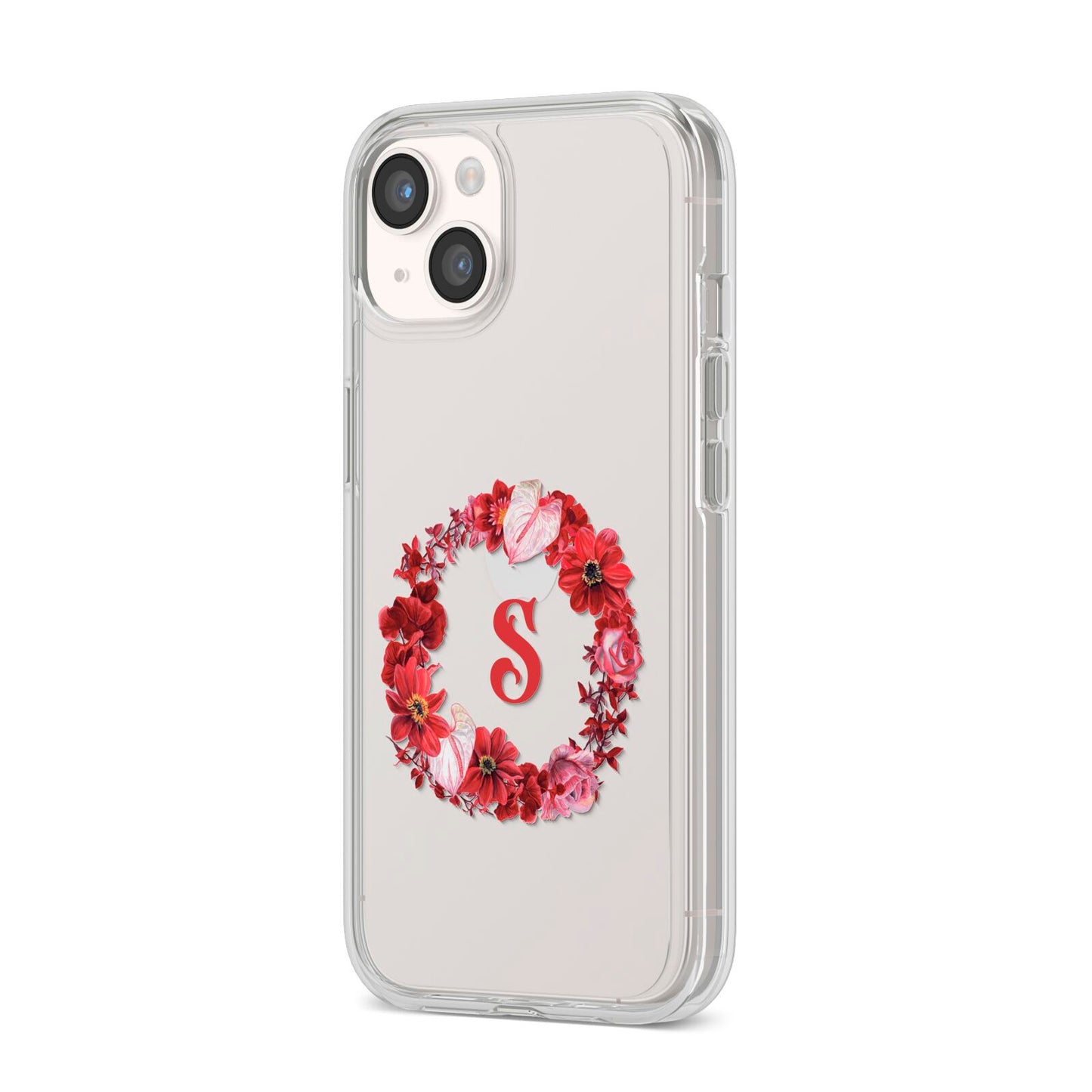 Personalised Initial Floral Wreath iPhone 14 Clear Tough Case Starlight Angled Image