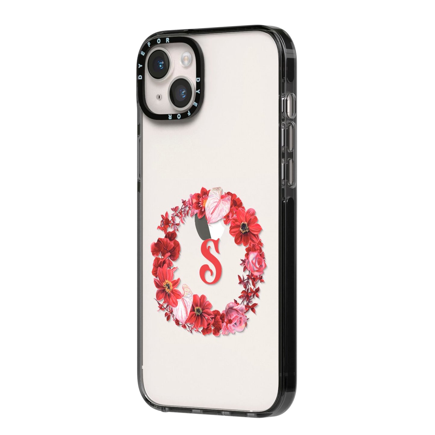 Personalised Initial Floral Wreath iPhone 14 Plus Black Impact Case Side Angle on Silver phone