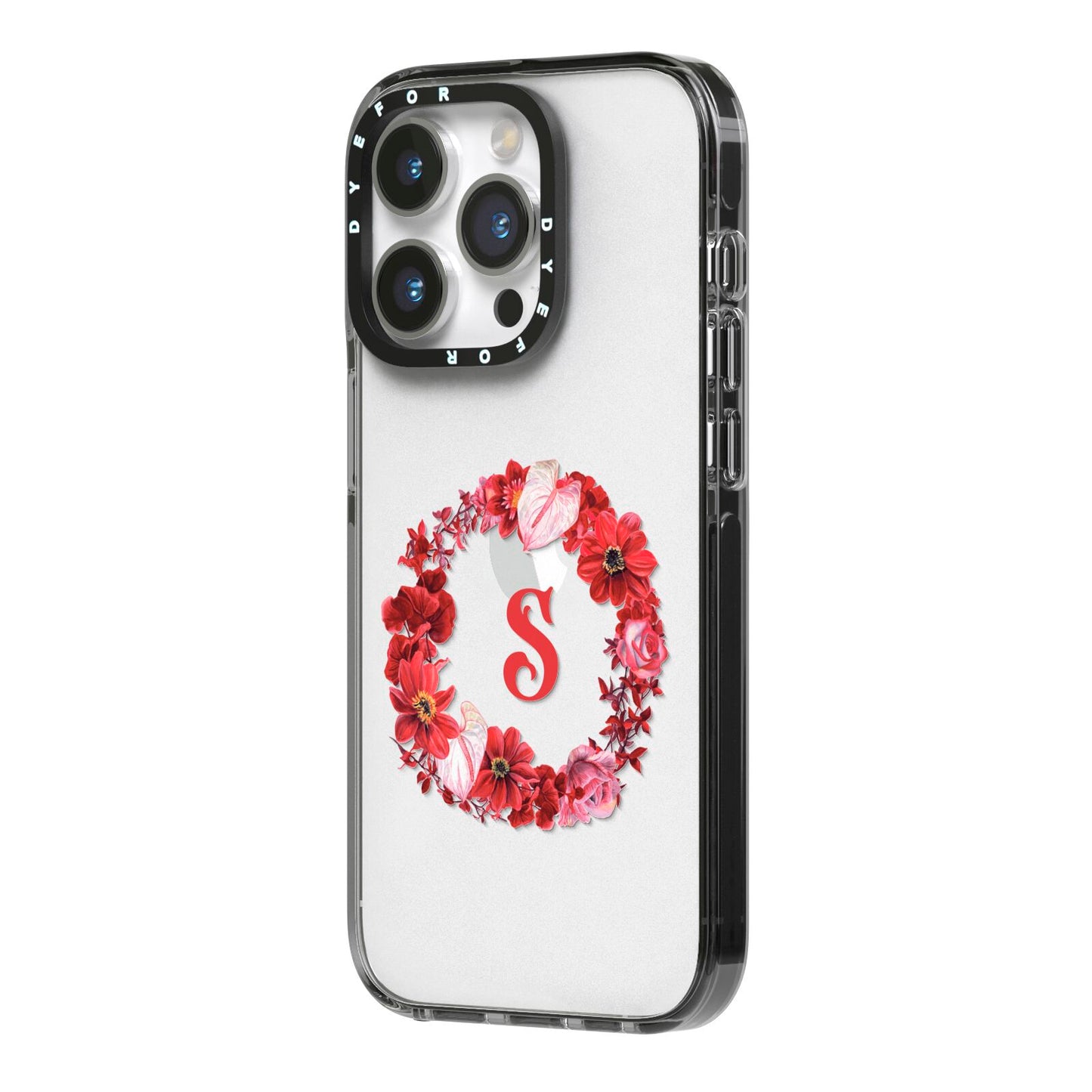 Personalised Initial Floral Wreath iPhone 14 Pro Black Impact Case Side Angle on Silver phone