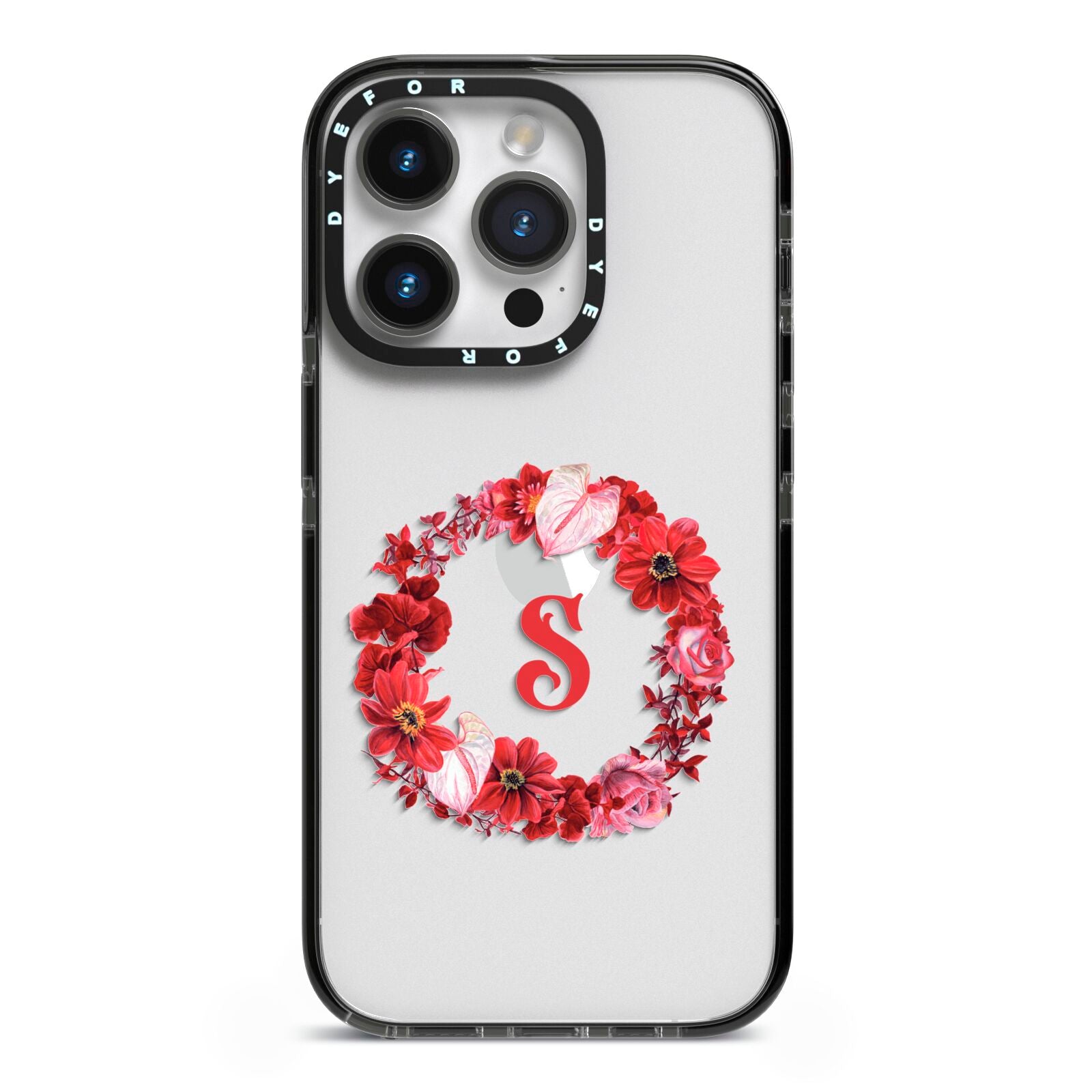 Personalised Initial Floral Wreath iPhone 14 Pro Black Impact Case on Silver phone