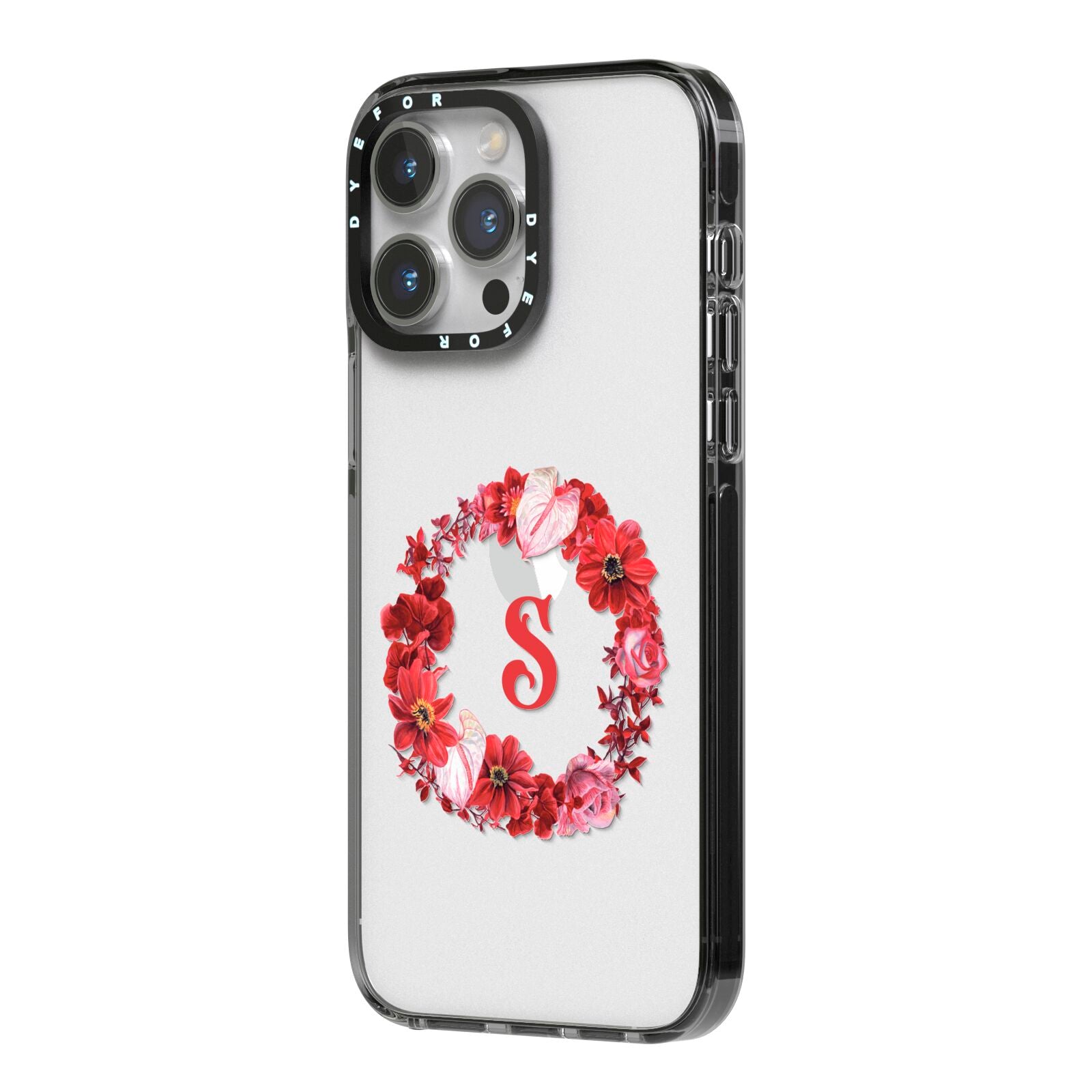 Personalised Initial Floral Wreath iPhone 14 Pro Max Black Impact Case Side Angle on Silver phone