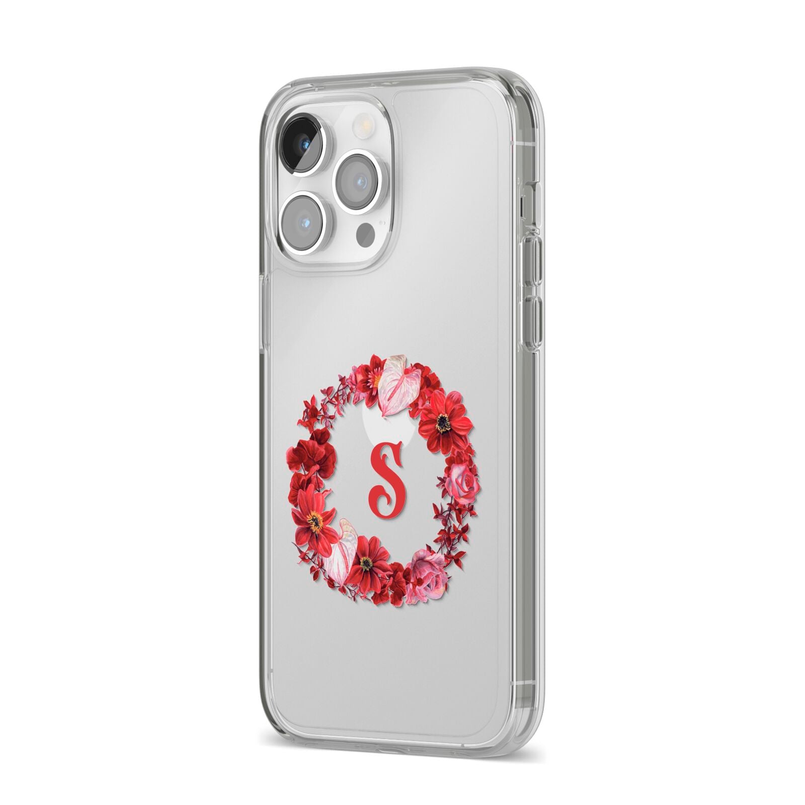 Personalised Initial Floral Wreath iPhone 14 Pro Max Clear Tough Case Silver Angled Image