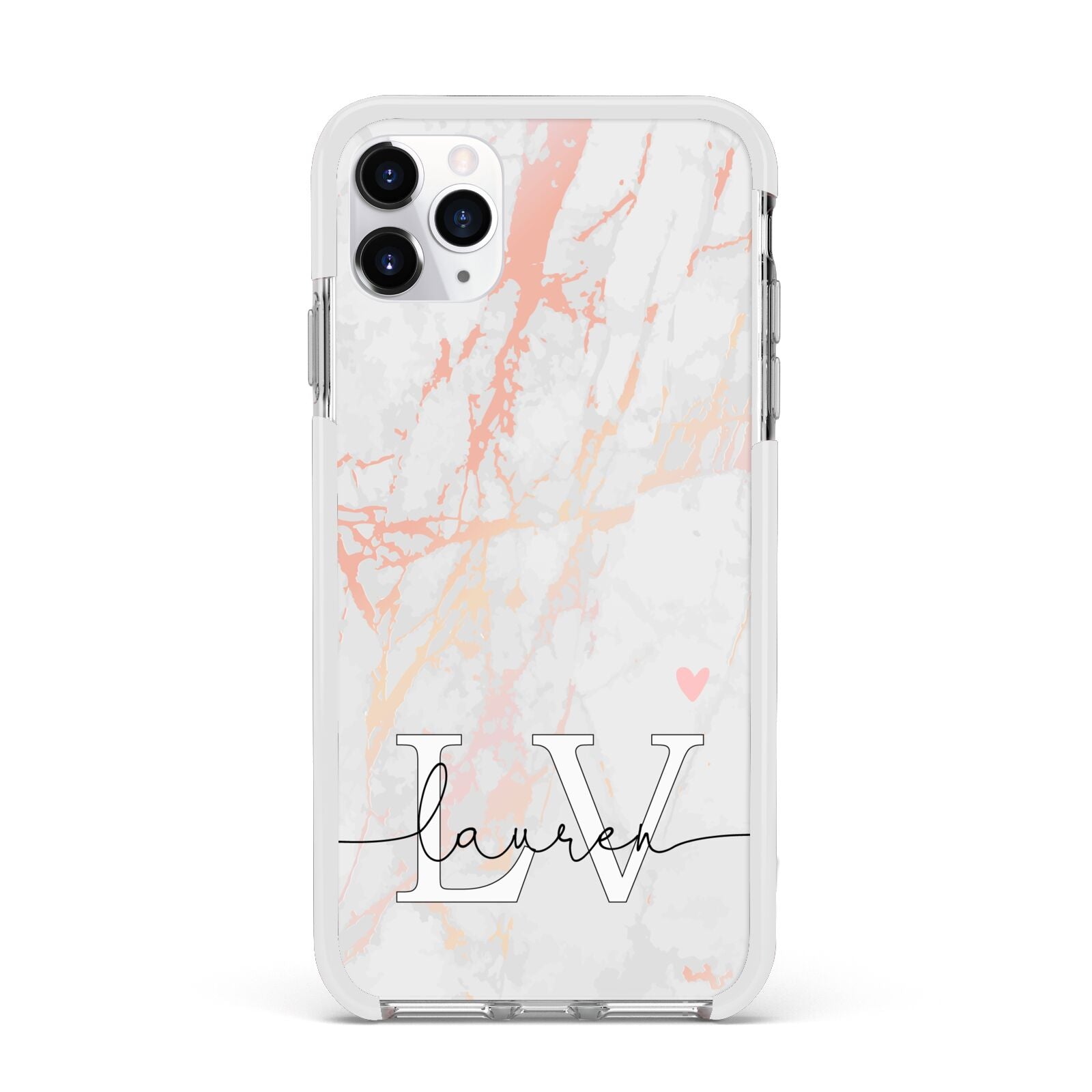 Personalised Initial Pink Marble Apple iPhone 11 Pro Max in Silver with White Impact Case