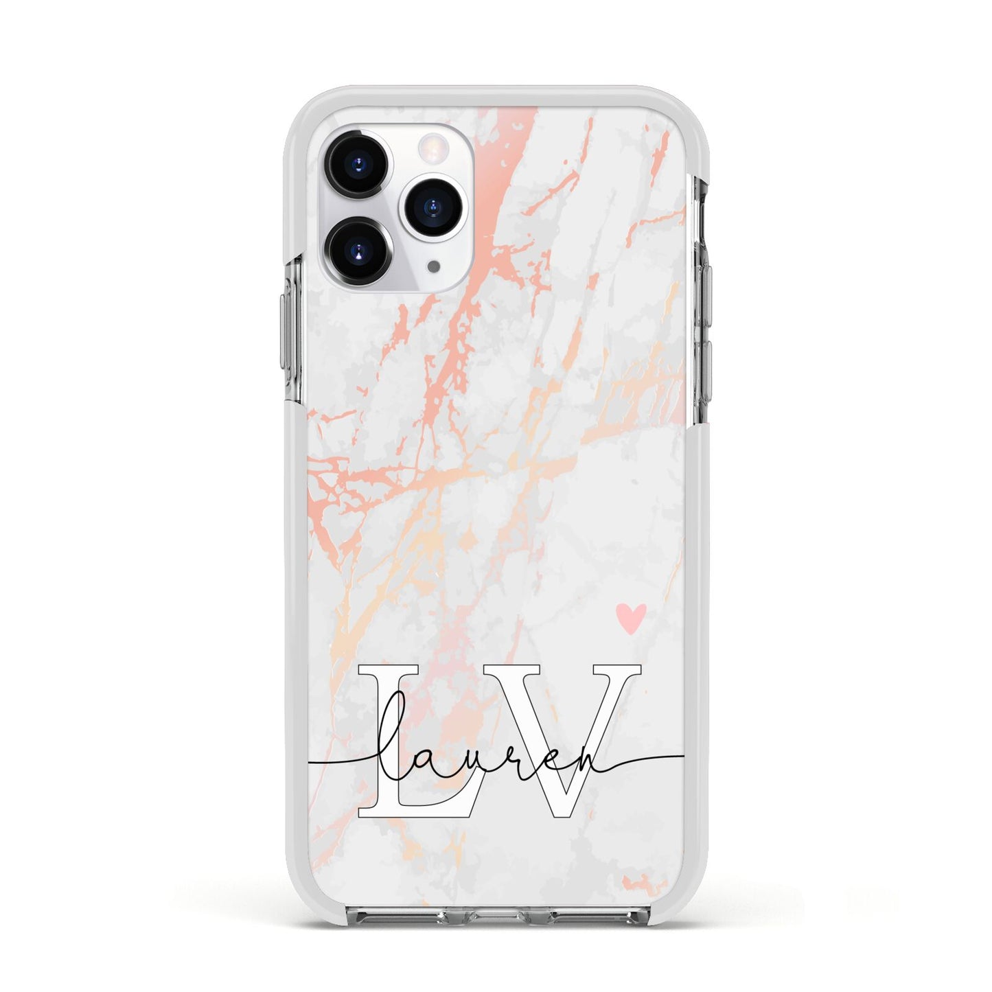 Personalised Initial Pink Marble Apple iPhone 11 Pro in Silver with White Impact Case