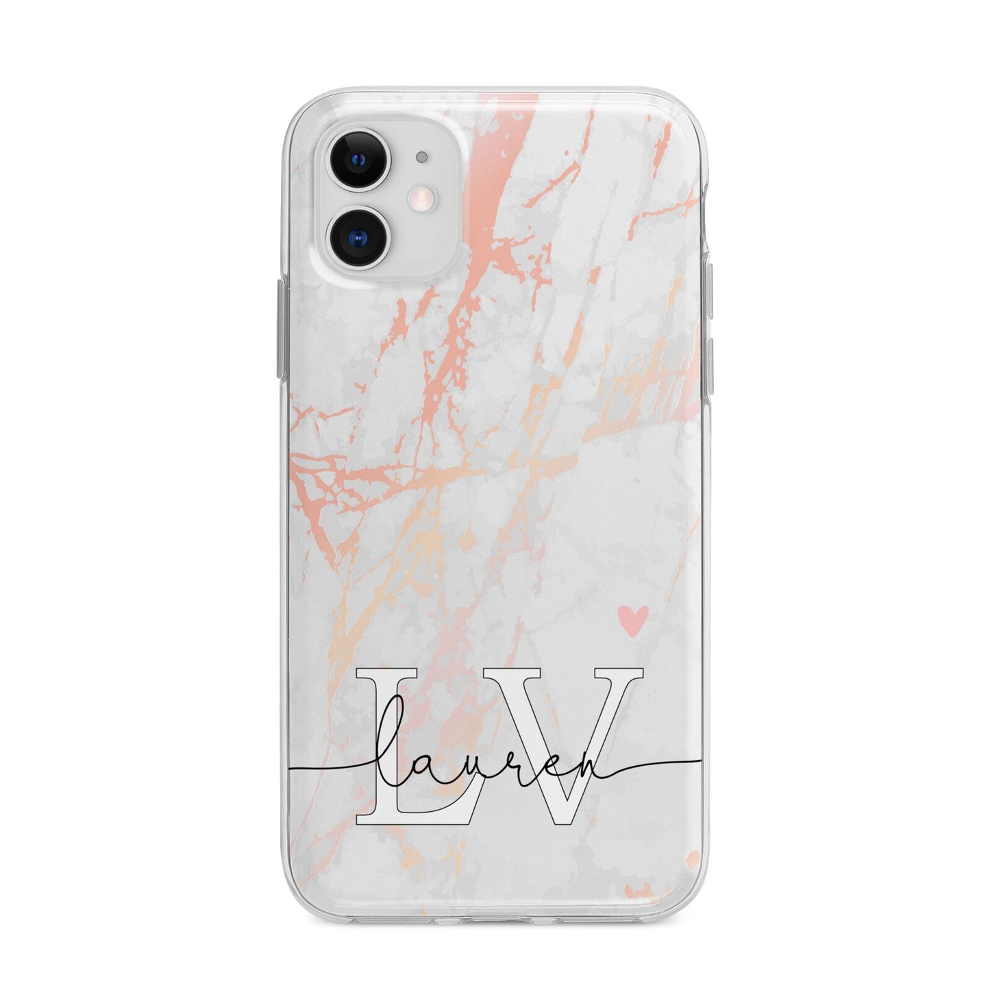 Personalised Initial Pink Marble Apple iPhone 11 in White with Bumper Case