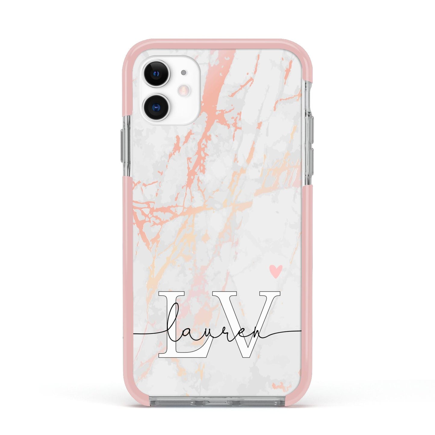 Personalised Initial Pink Marble Apple iPhone 11 in White with Pink Impact Case