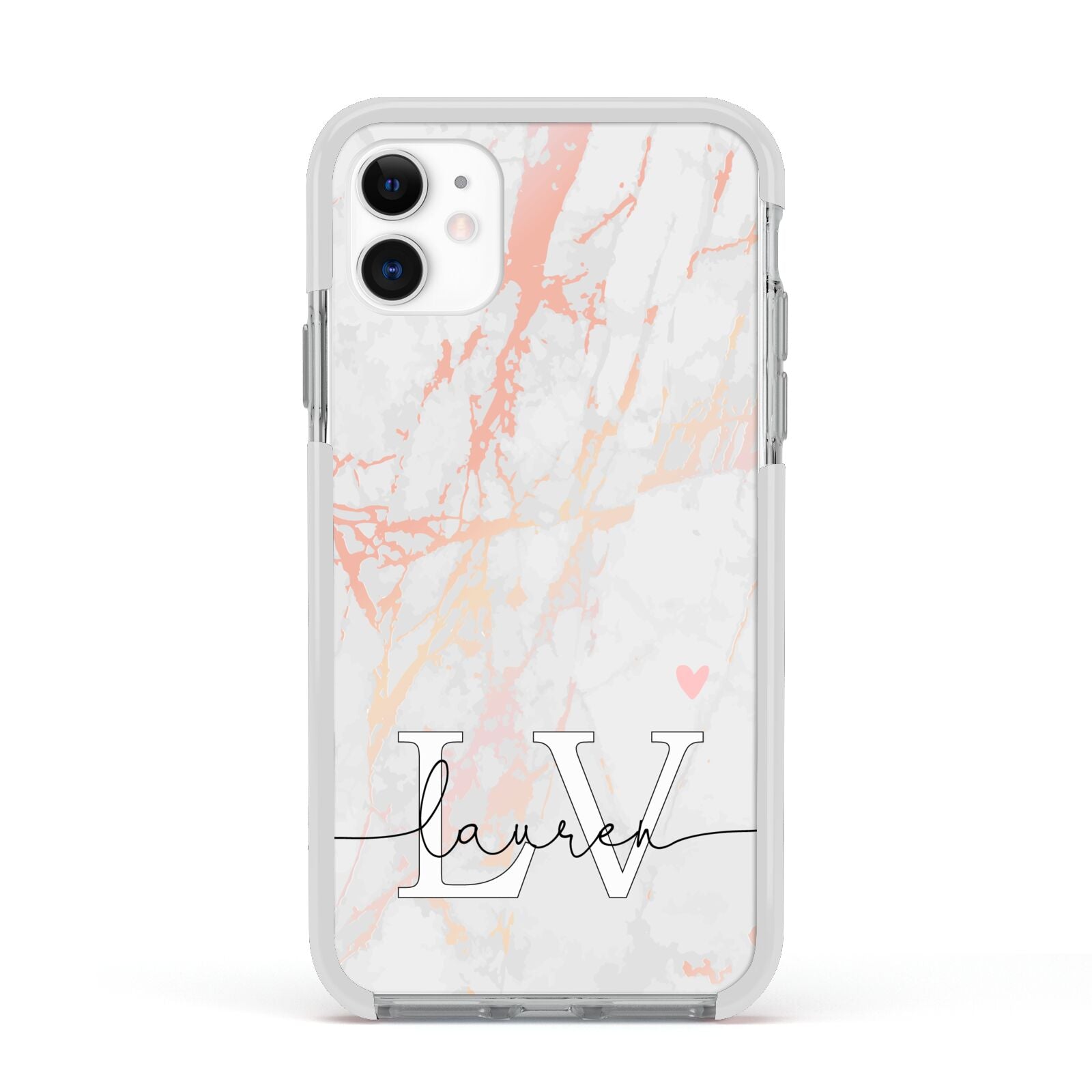 Personalised Initial Pink Marble Apple iPhone 11 in White with White Impact Case
