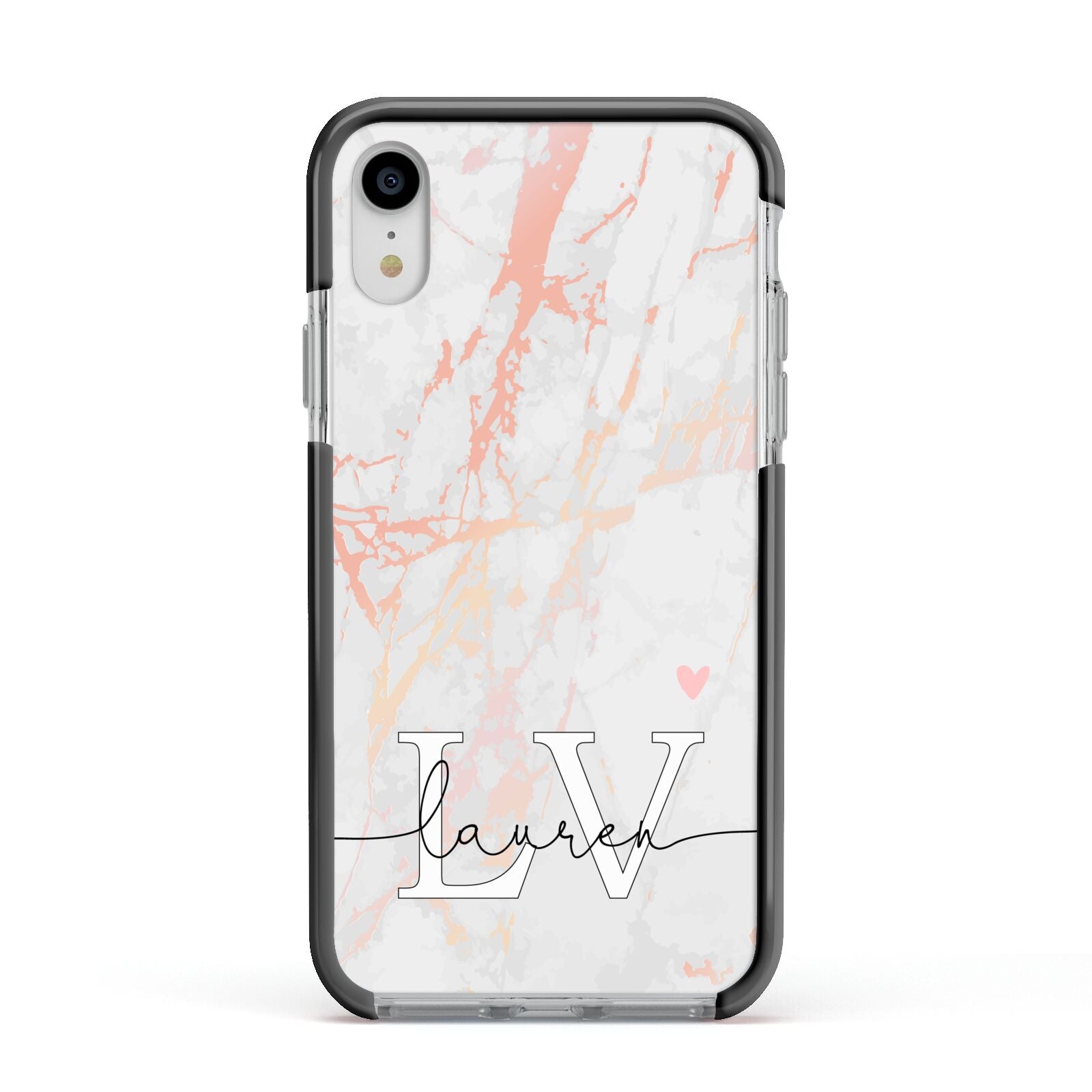 Personalised Initial Pink Marble Apple iPhone XR Impact Case Black Edge on Silver Phone