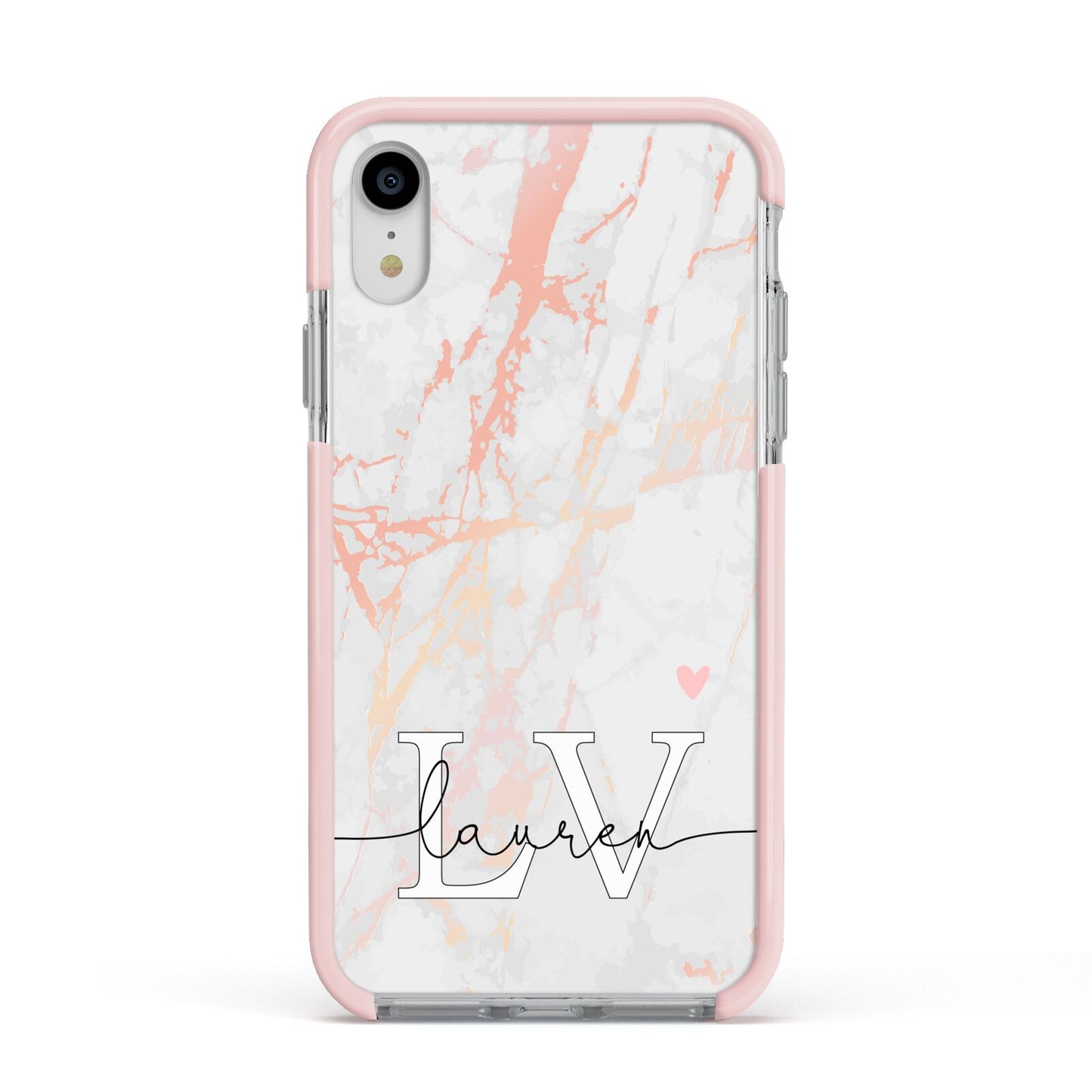 Personalised Initial Pink Marble Apple iPhone XR Impact Case Pink Edge on Silver Phone