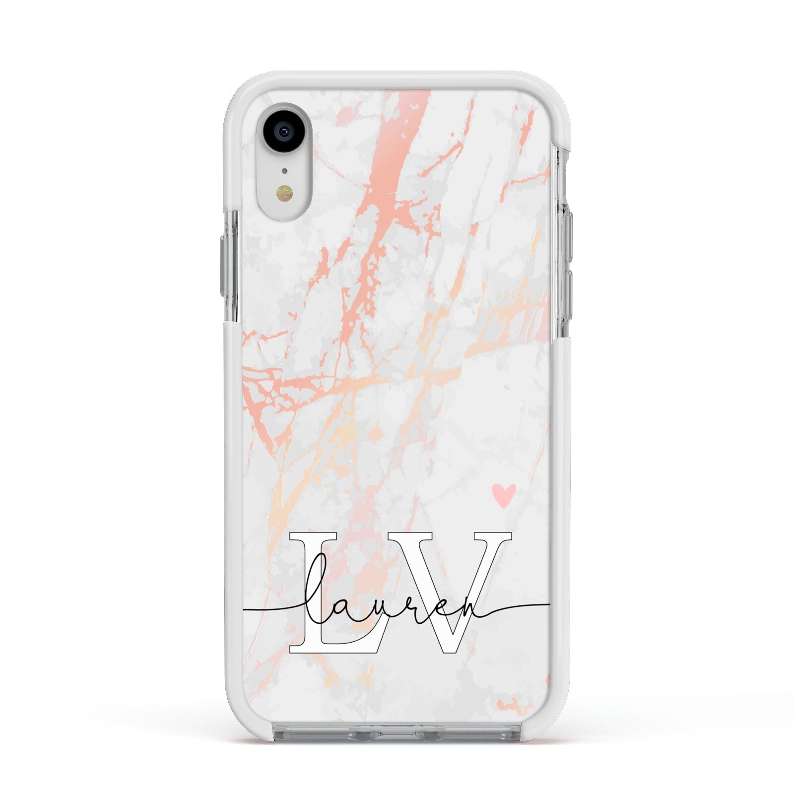 Personalised Initial Pink Marble Apple iPhone XR Impact Case White Edge on Silver Phone