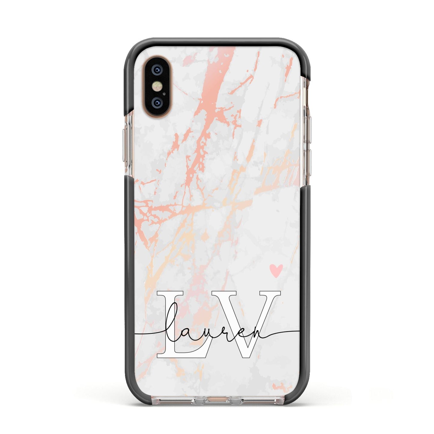 Personalised Initial Pink Marble Apple iPhone Xs Impact Case Black Edge on Gold Phone