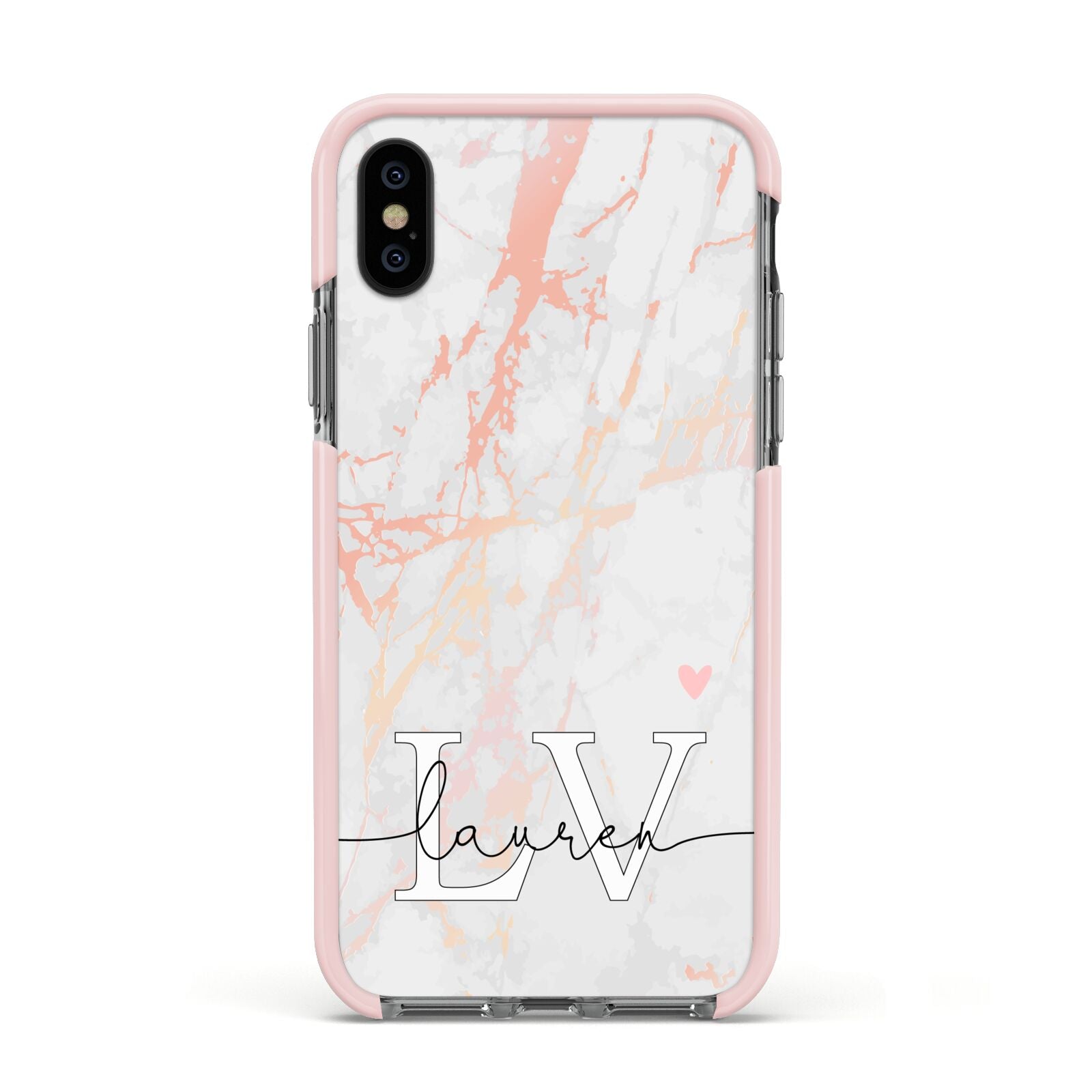 Personalised Initial Pink Marble Apple iPhone Xs Impact Case Pink Edge on Black Phone