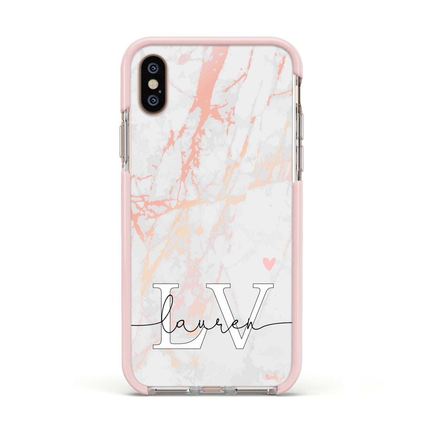 Personalised Initial Pink Marble Apple iPhone Xs Impact Case Pink Edge on Gold Phone