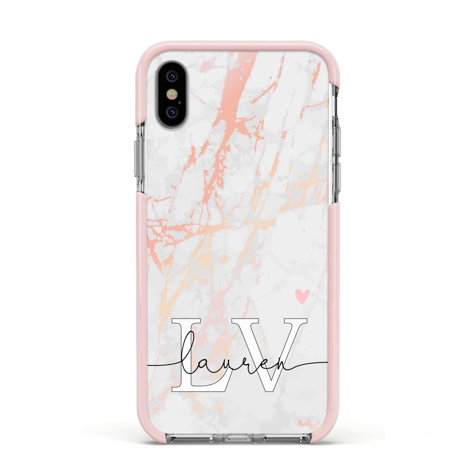 Personalised Initial Pink Marble Apple iPhone Xs Impact Case Pink Edge on Silver Phone