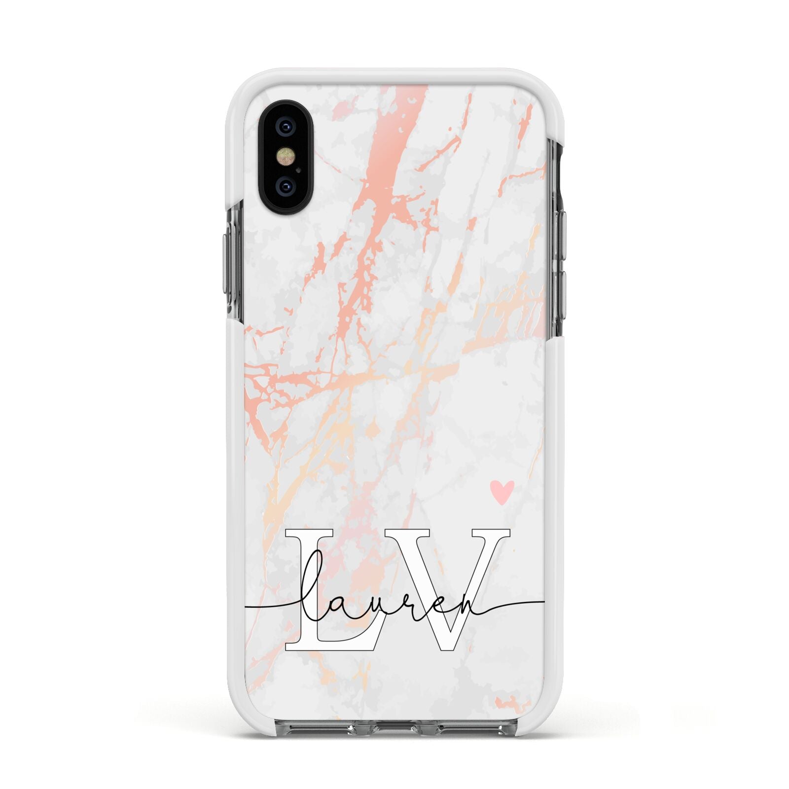 Personalised Initial Pink Marble Apple iPhone Xs Impact Case White Edge on Black Phone