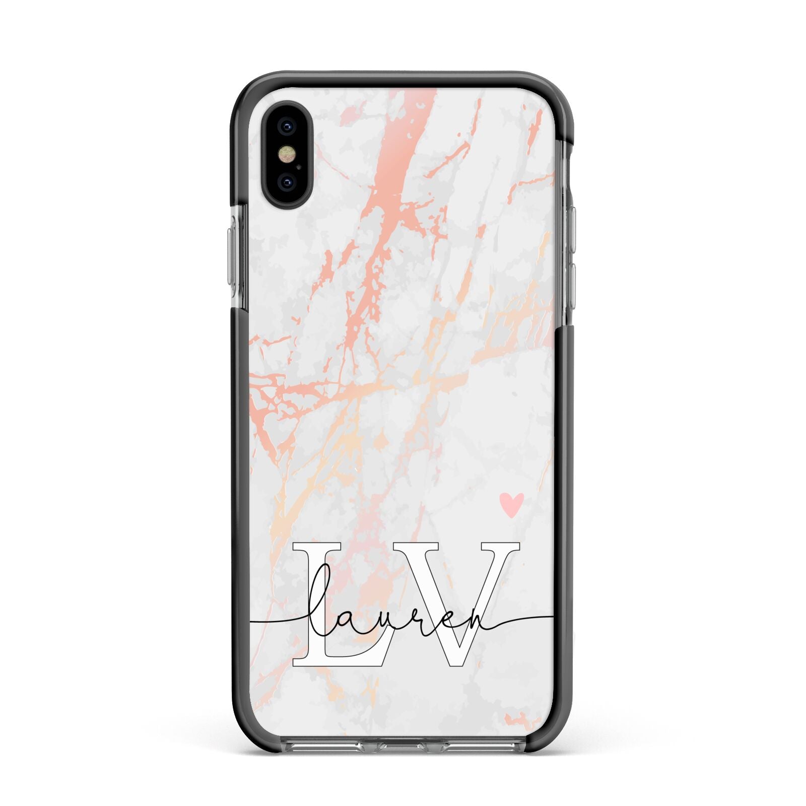 Personalised Initial Pink Marble Apple iPhone Xs Max Impact Case Black Edge on Black Phone