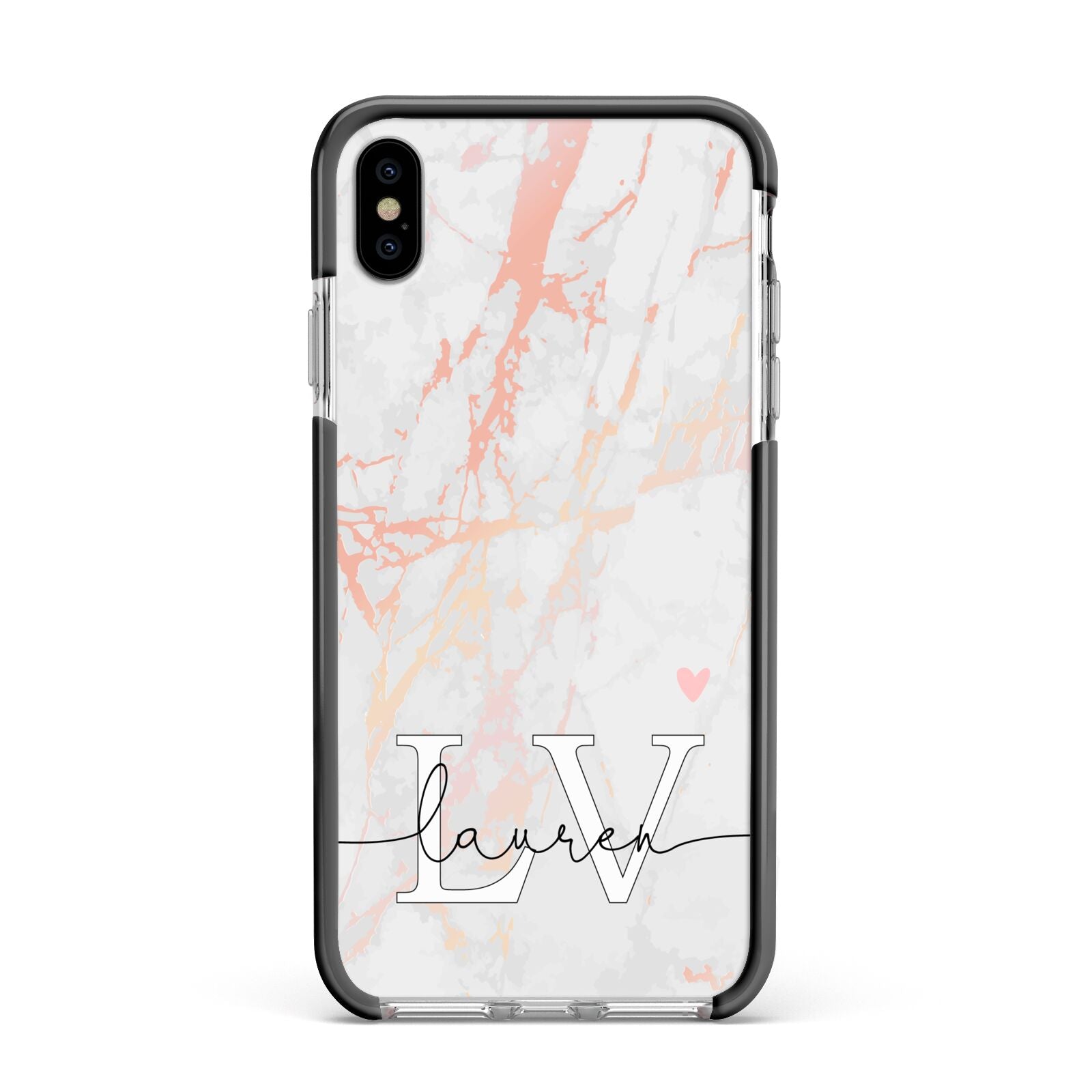 Personalised Initial Pink Marble Apple iPhone Xs Max Impact Case Black Edge on Silver Phone