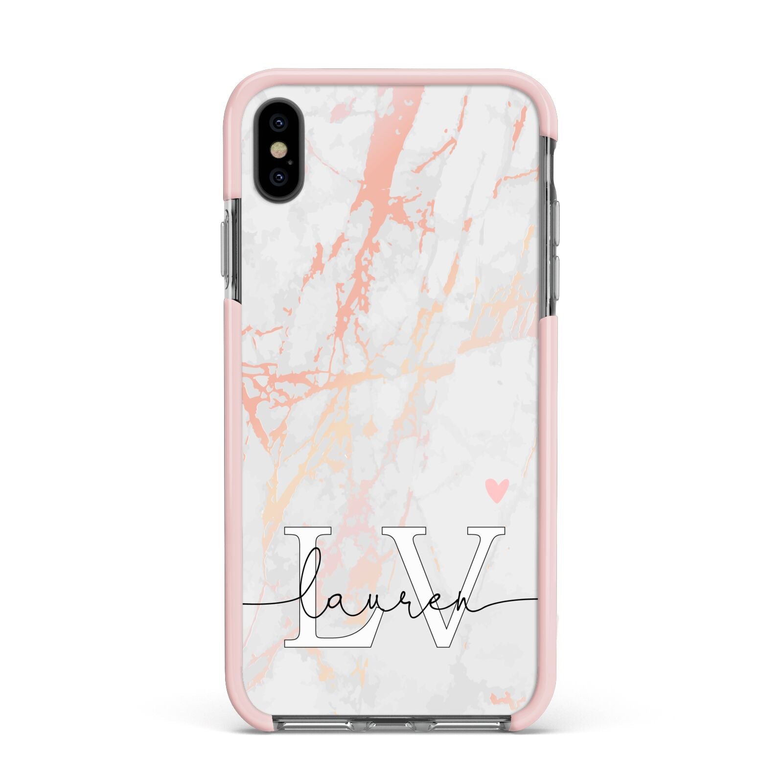 Personalised Initial Pink Marble Apple iPhone Xs Max Impact Case Pink Edge on Black Phone