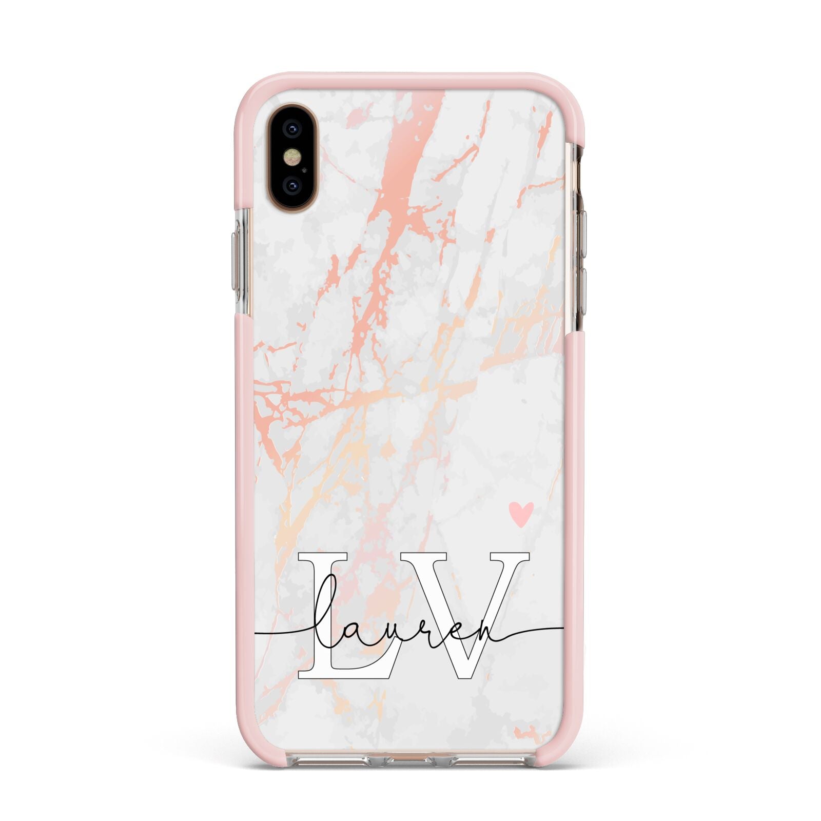 Personalised Initial Pink Marble Apple iPhone Xs Max Impact Case Pink Edge on Gold Phone
