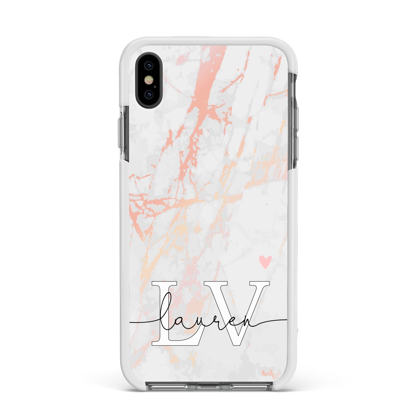 Personalised Initial Pink Marble Apple iPhone Xs Max Impact Case White Edge on Black Phone
