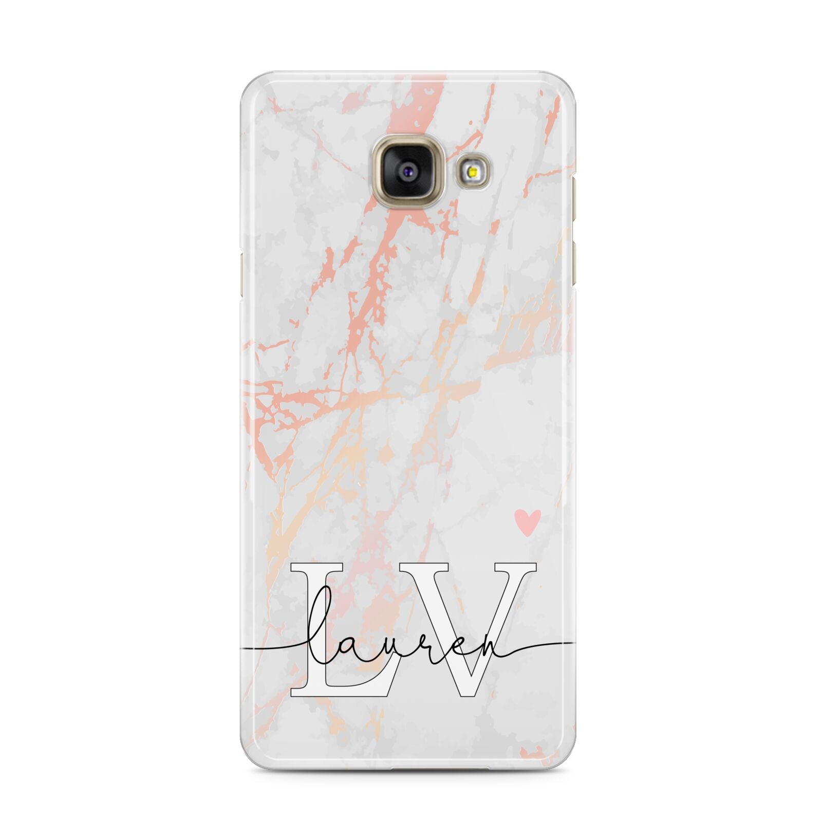 Personalised Initial Pink Marble Samsung Galaxy A3 2016 Case on gold phone